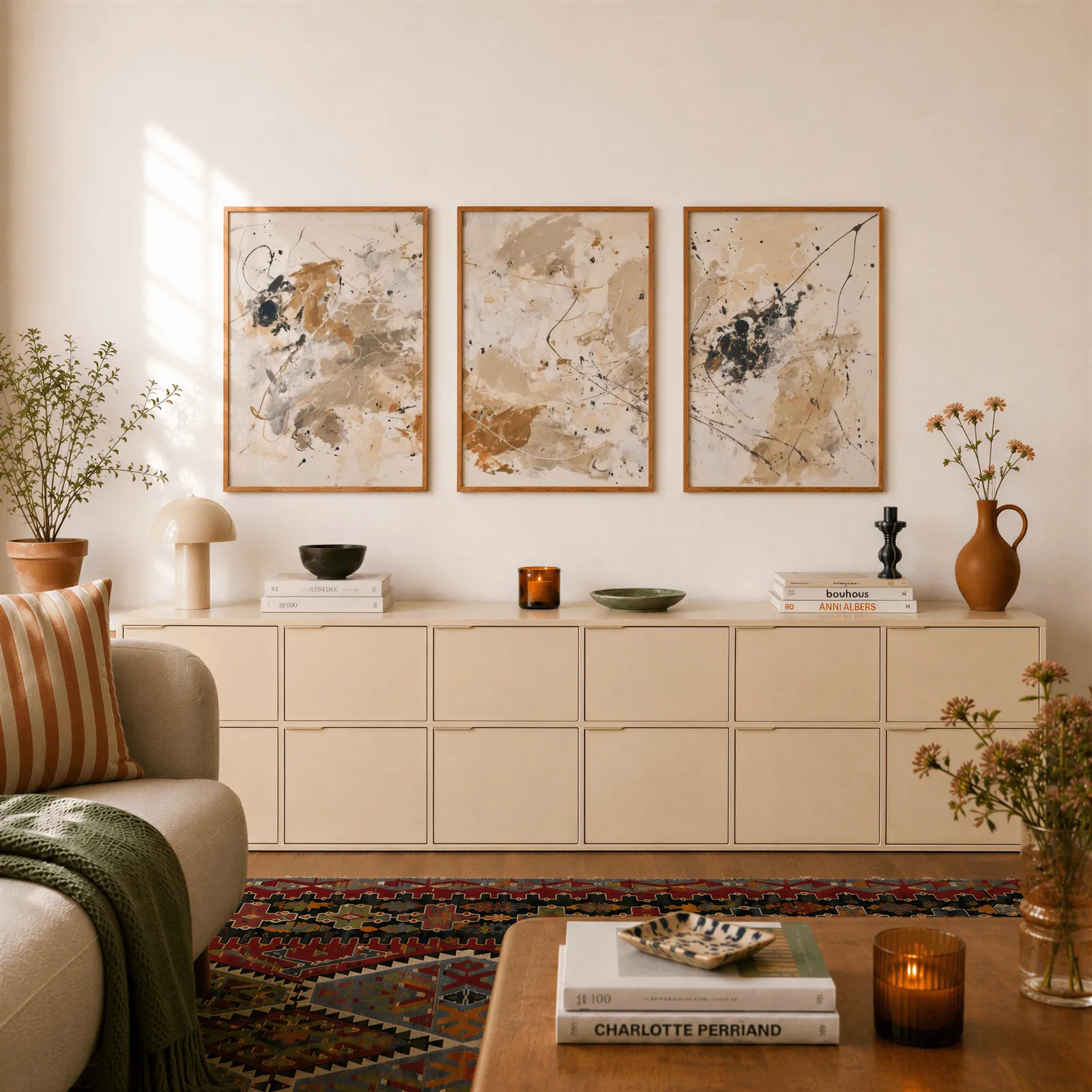 beige and black abstract triptych wall art, above a long cream sideboard topped with books and a terracotta jug