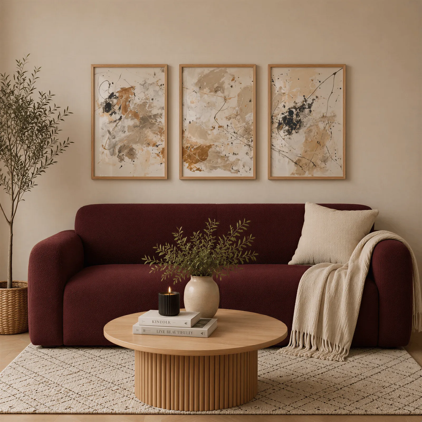 beige and black abstract triptych wall art, above a burgundy boucle sofa with a cream throw