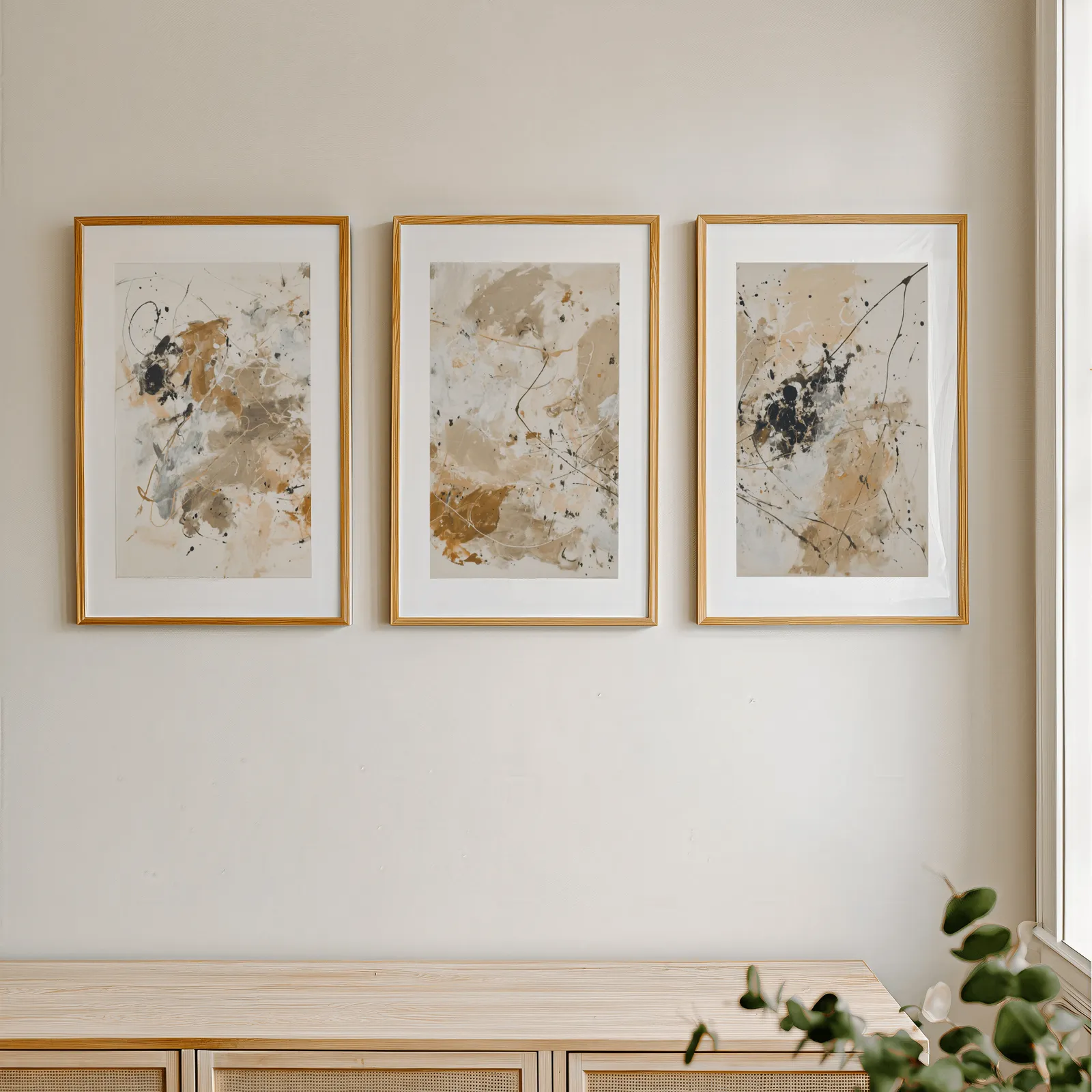 beige and black abstract triptych wall art, in a row above a light wooden sideboard near a window