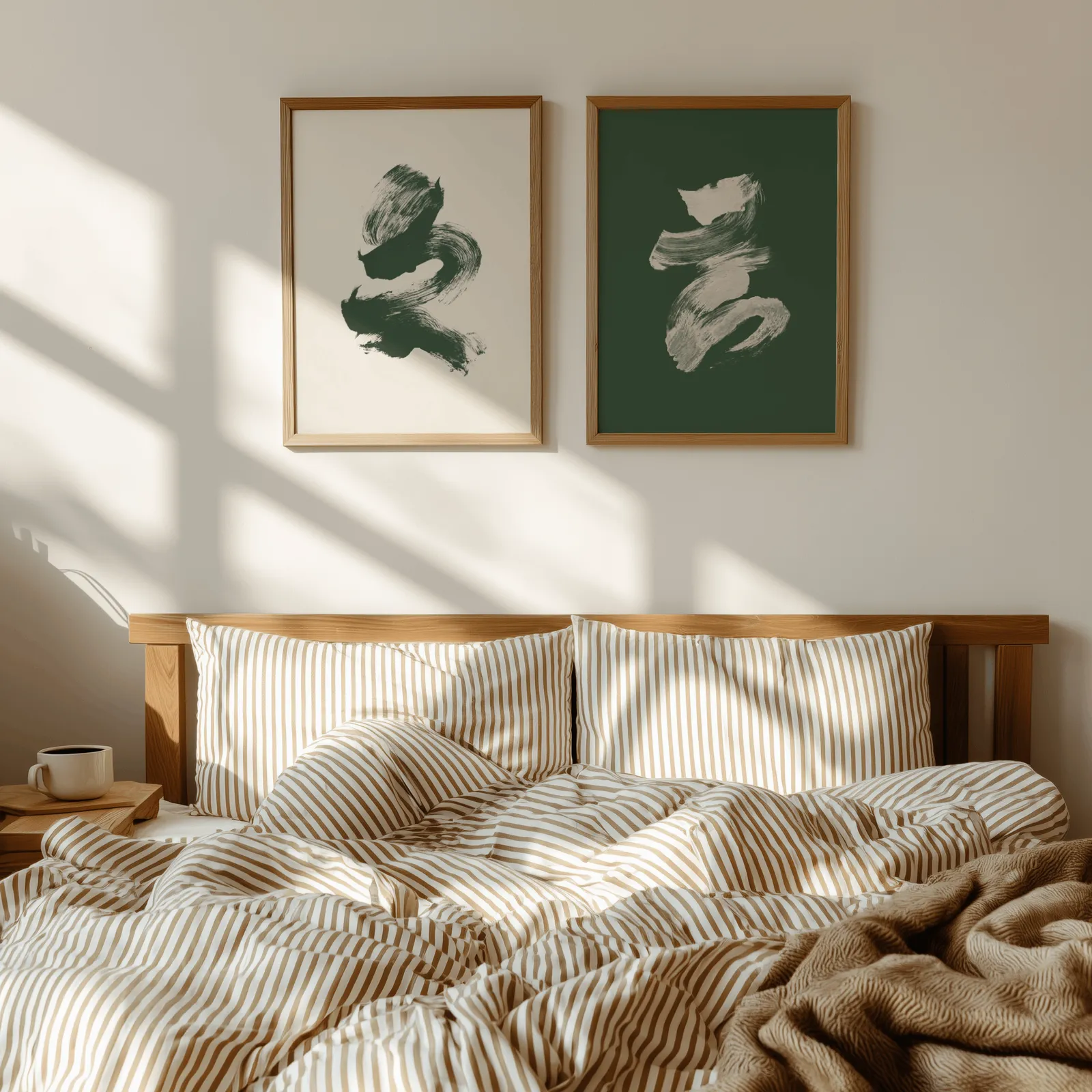 green and cream abstract brushstroke wall art set of 2, above a wooden headboard with striped bedding and raking sunlight