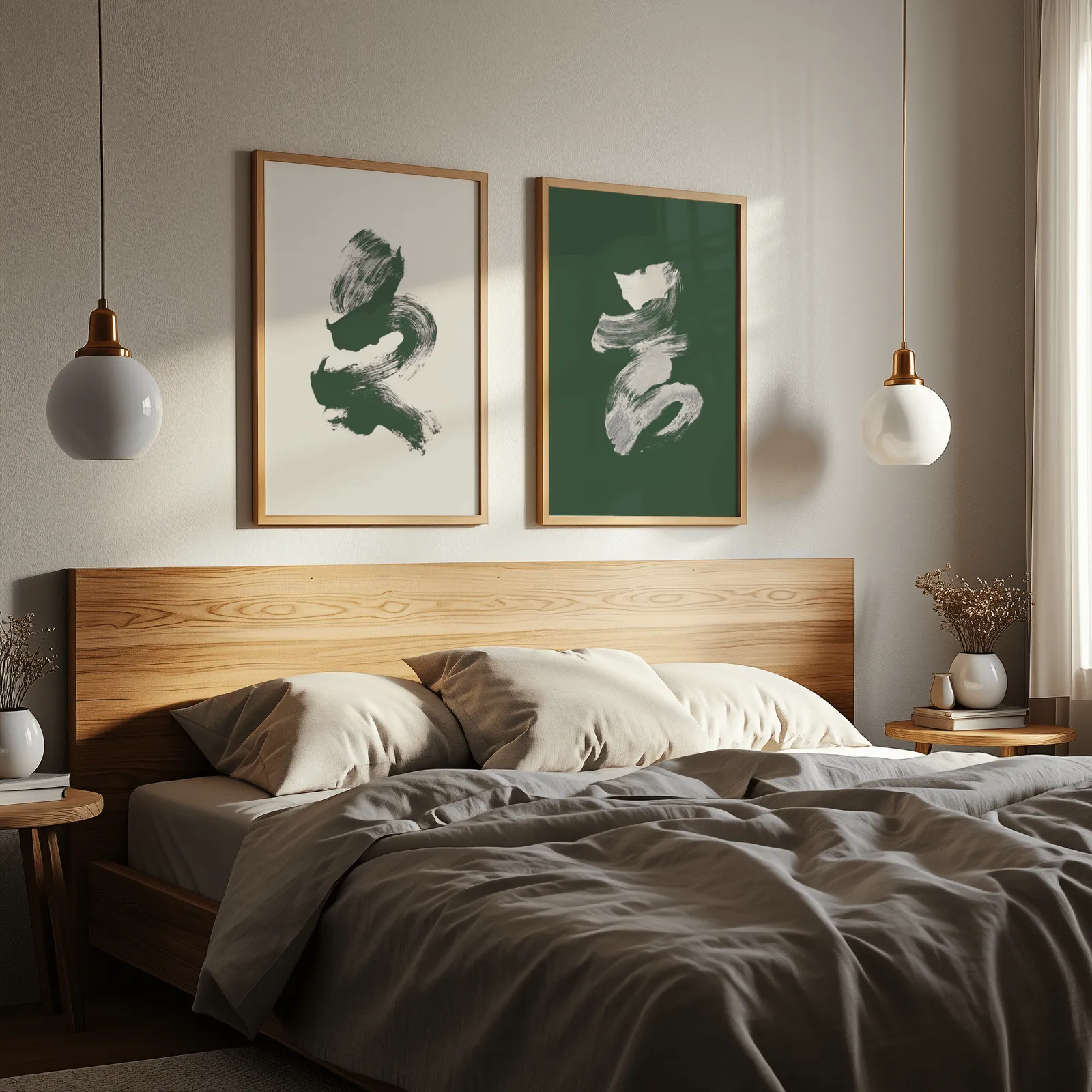 green and cream abstract brushstroke wall art set of 2, above a wooden headboard flanked by globe pendant lights