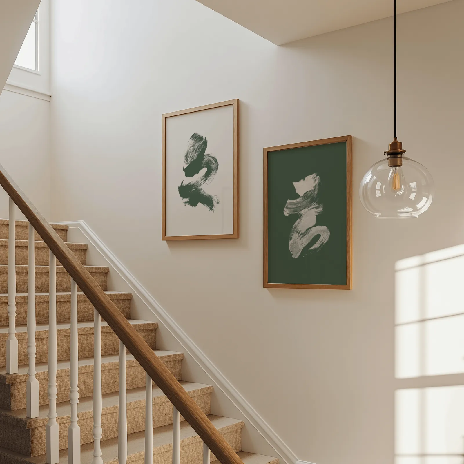 green and cream abstract brushstroke wall art set of 2, beside a carpeted staircase under a glass pendant light