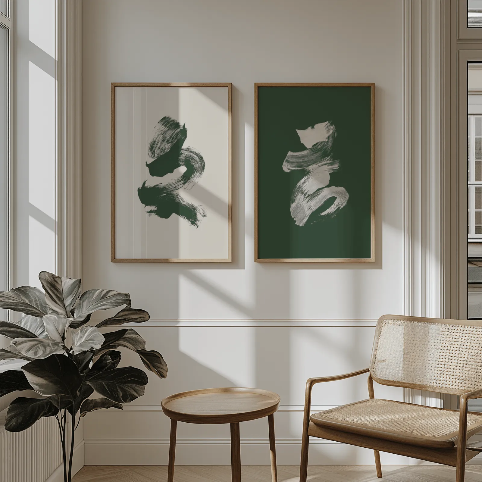 green and cream abstract brushstroke wall art set of 2, above wainscoting beside a cane armchair and fiddle-leaf fig