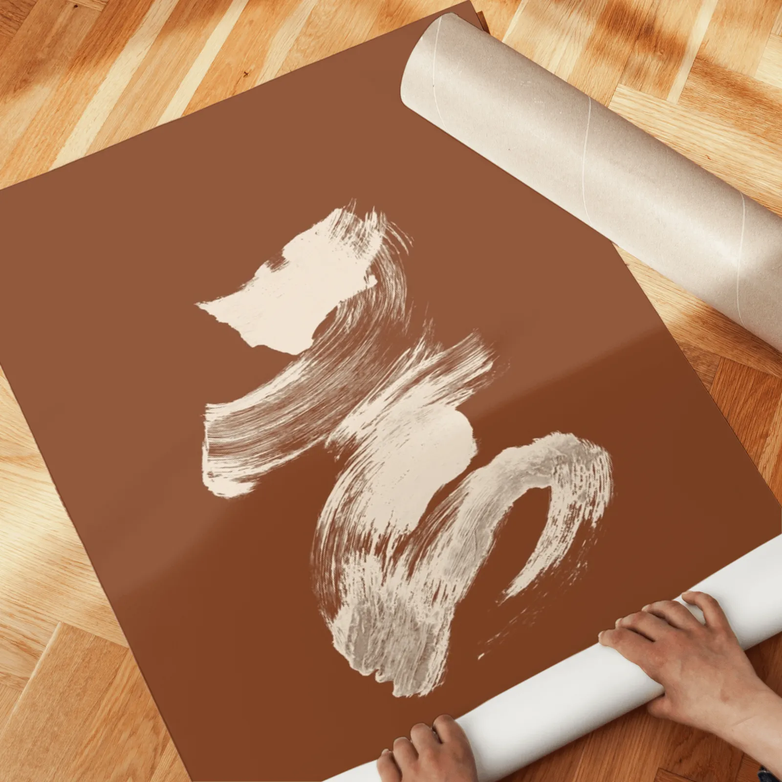 terracotta abstract brushstroke wall art set of 2, unrolled across a herringbone parquet floor by hand