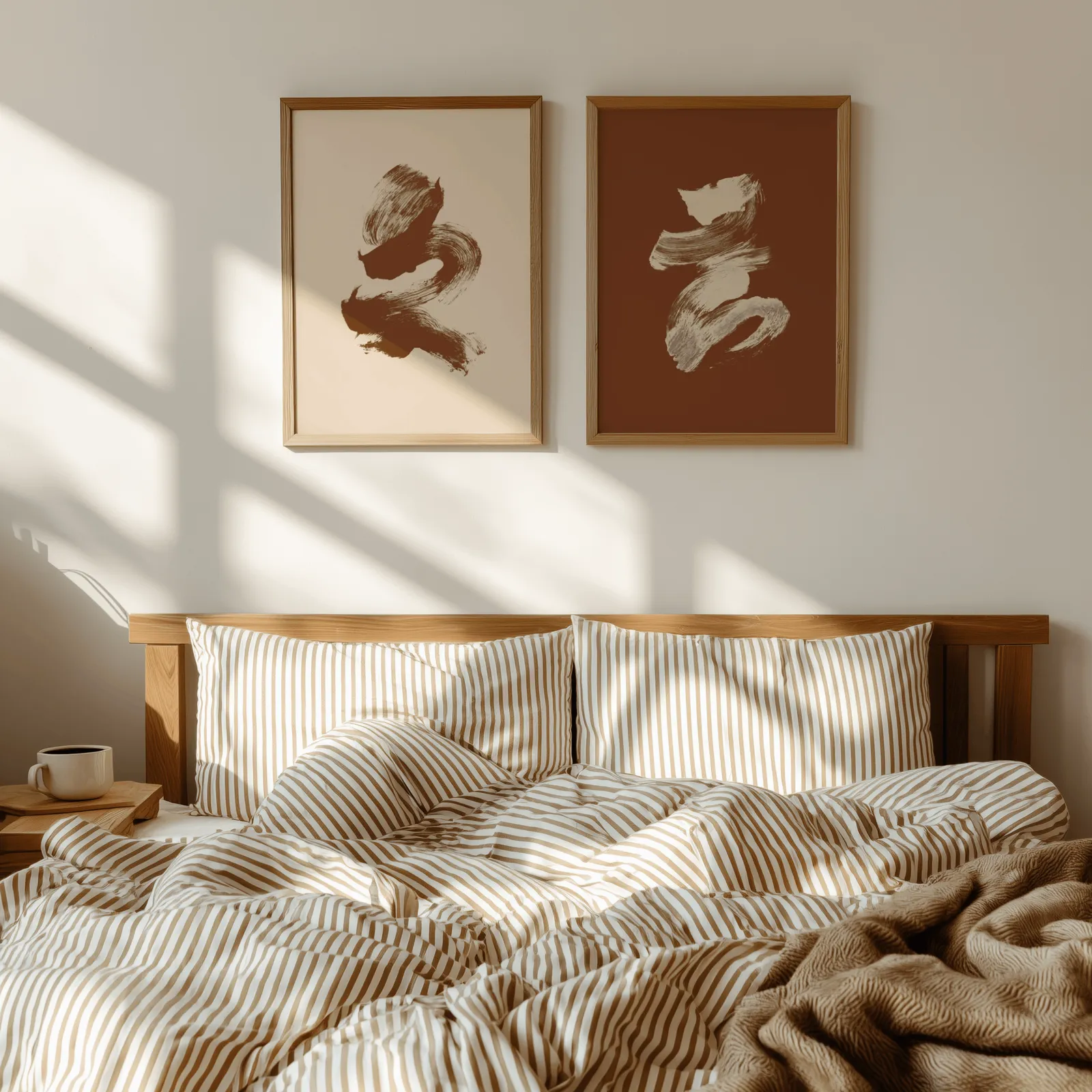 terracotta abstract brushstroke wall art set of 2, above a wooden headboard with striped bedding and raking sunlight