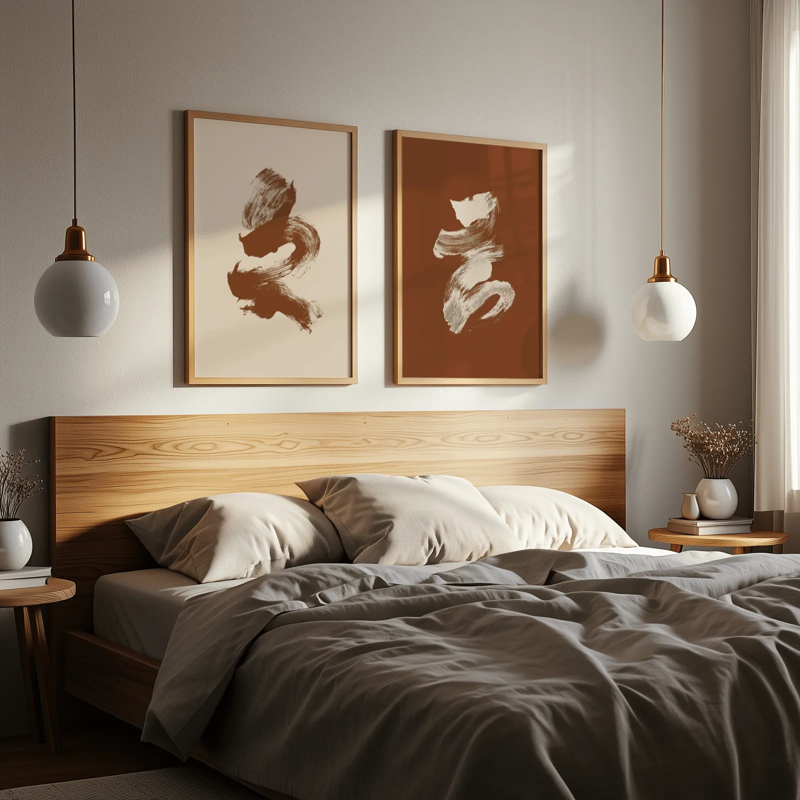 terracotta abstract brushstroke wall art set of 2, above a wooden headboard flanked by globe pendant lights