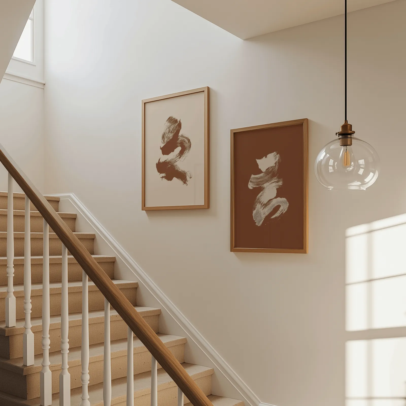 terracotta abstract brushstroke wall art set of 2, beside a carpeted staircase under a glass pendant light