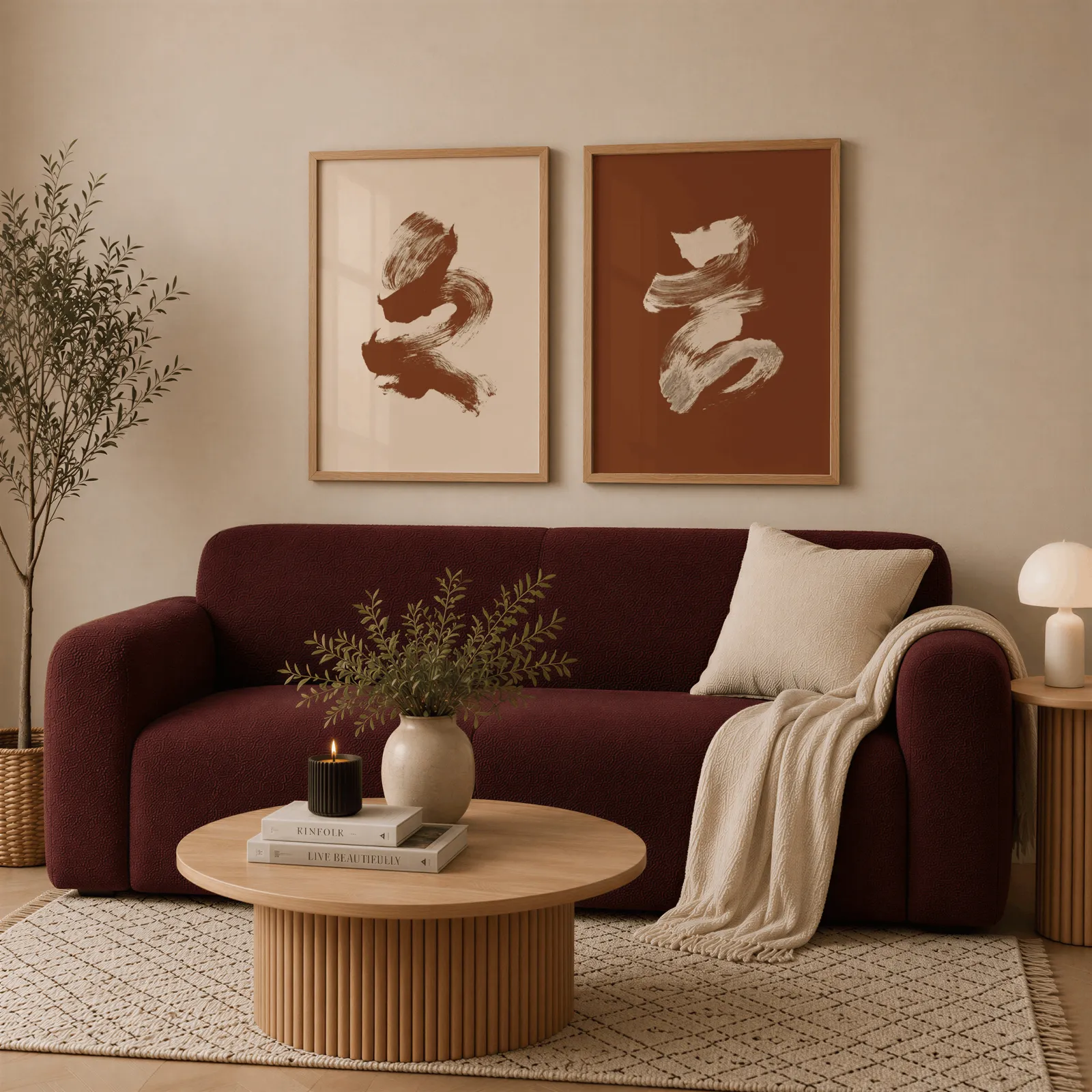 terracotta abstract brushstroke wall art set of 2, above a deep burgundy boucle sofa with cream throw