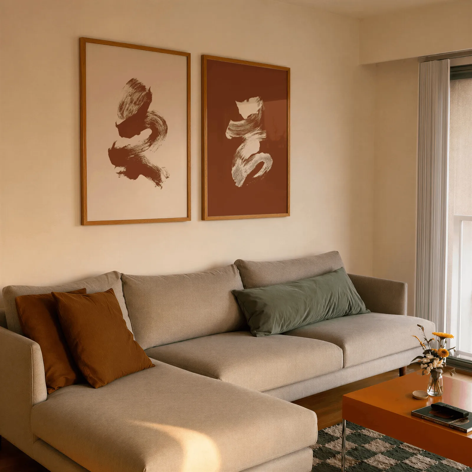 terracotta abstract brushstroke wall art set of 2, side by side above a beige sectional sofa