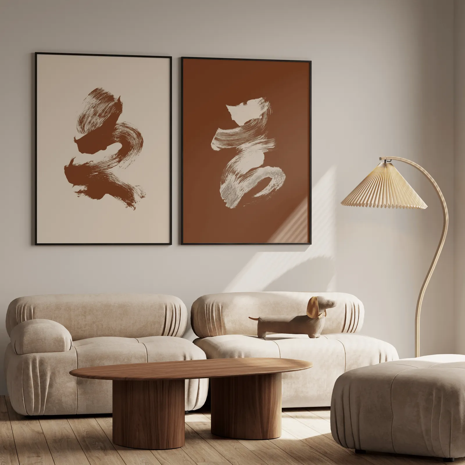 terracotta abstract brushstroke wall art set of 2, above a plush beige sofa with a pleated lamp nearby