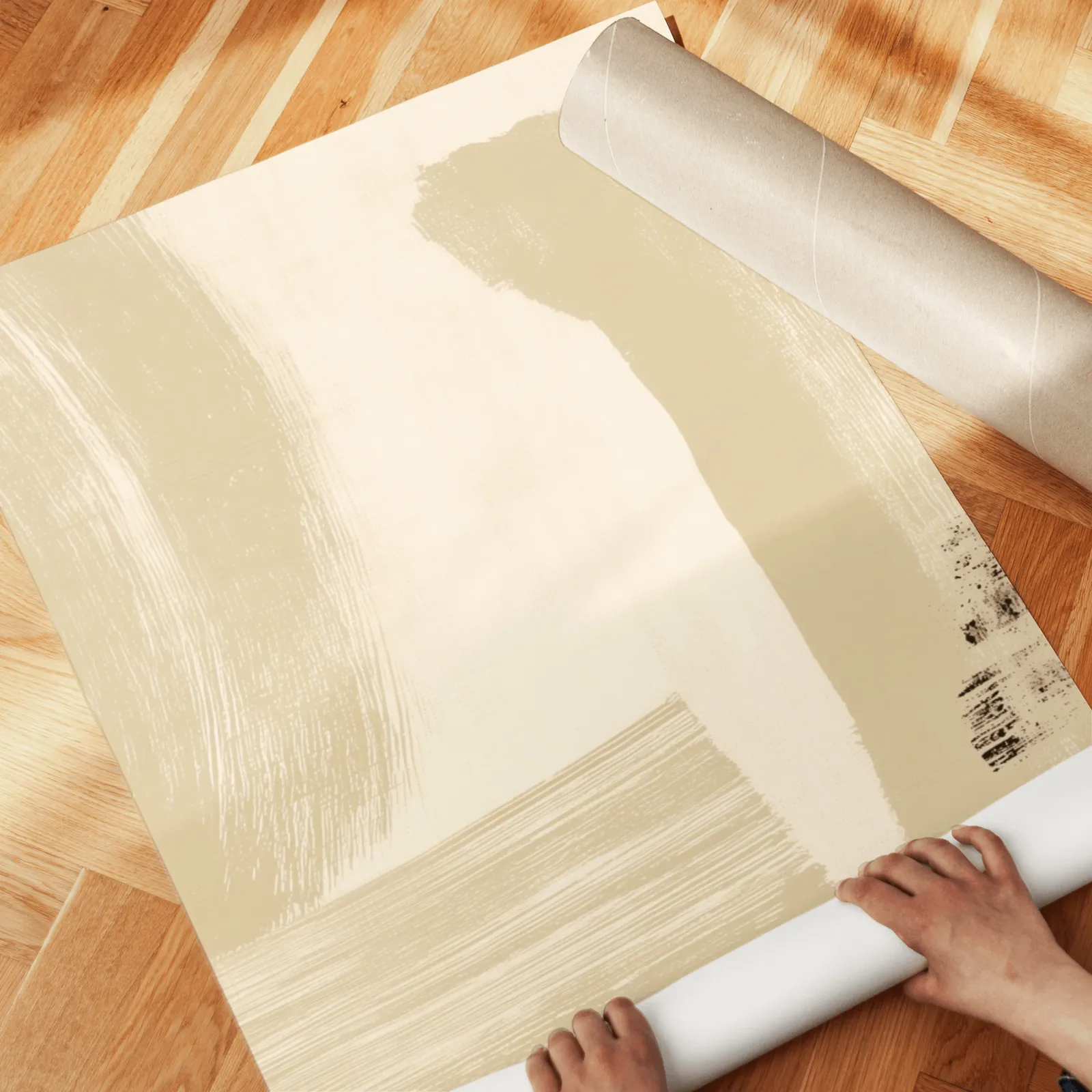 black and beige abstract minimalist triptych wall art, unrolled across a herringbone wood floor by hand