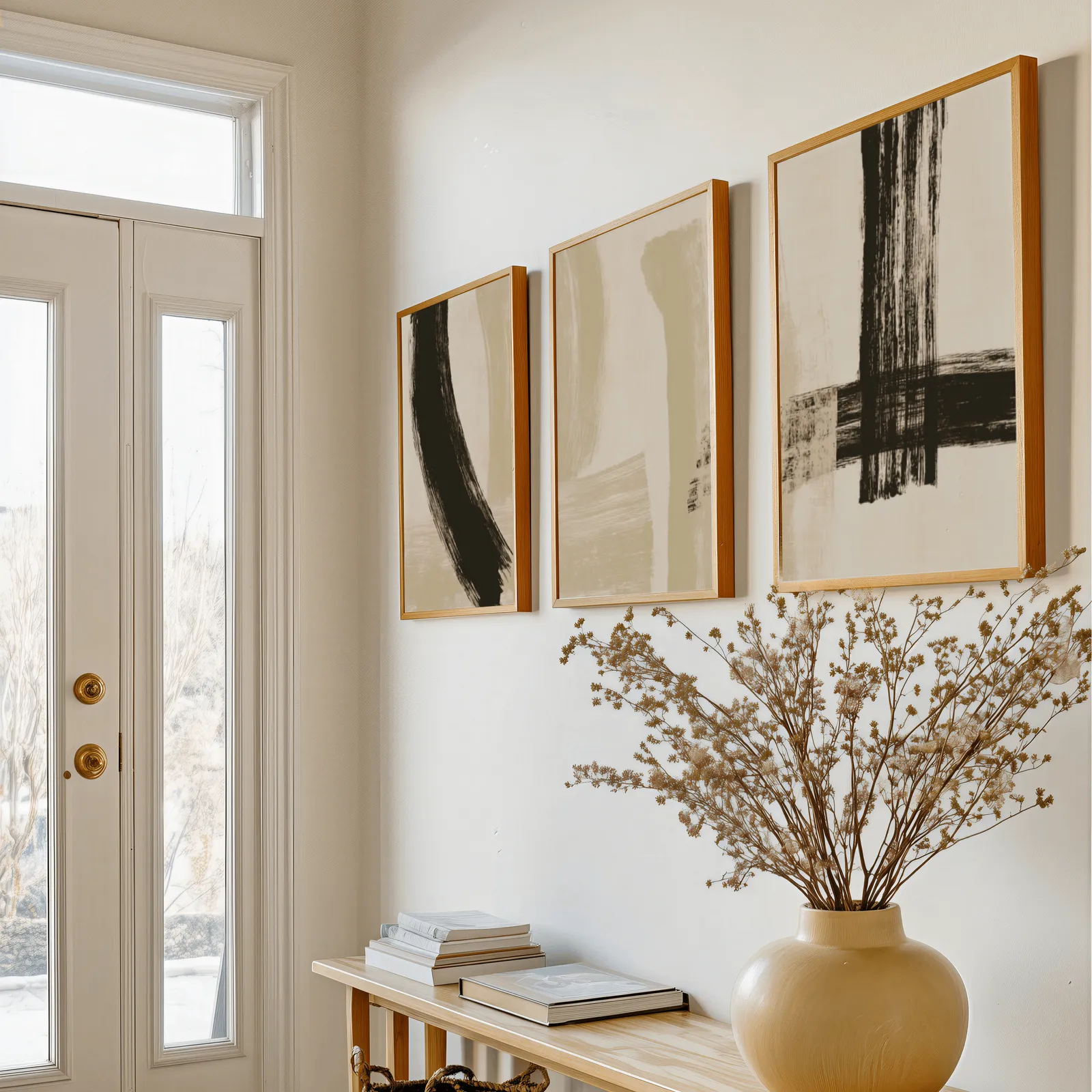black and beige abstract minimalist triptych wall art, above a console table with a yellow vase of dried branches