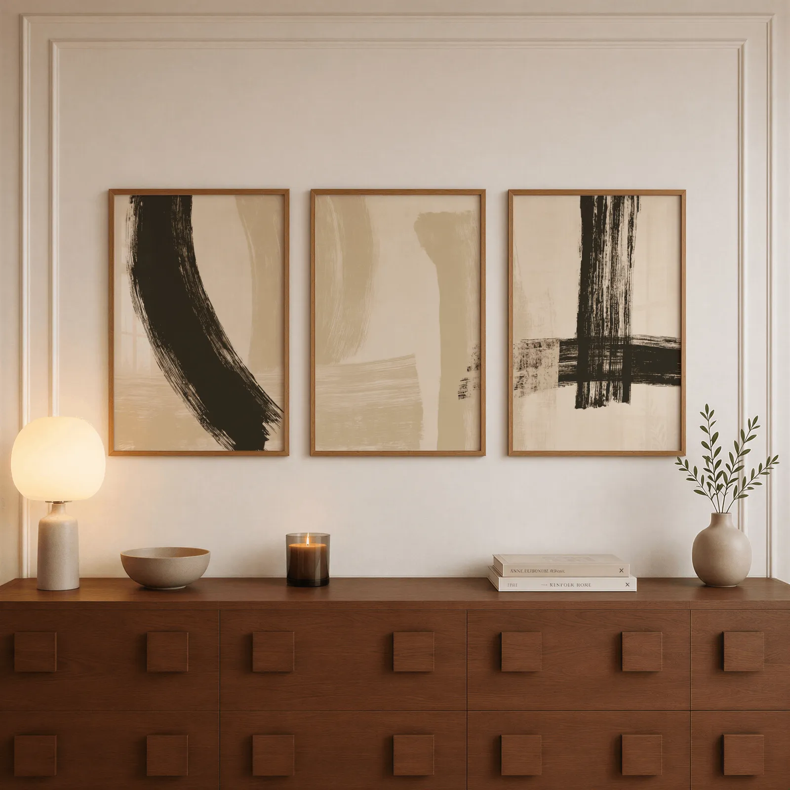black and beige abstract minimalist triptych wall art, above a walnut sideboard with a lit candle and glowing lamp