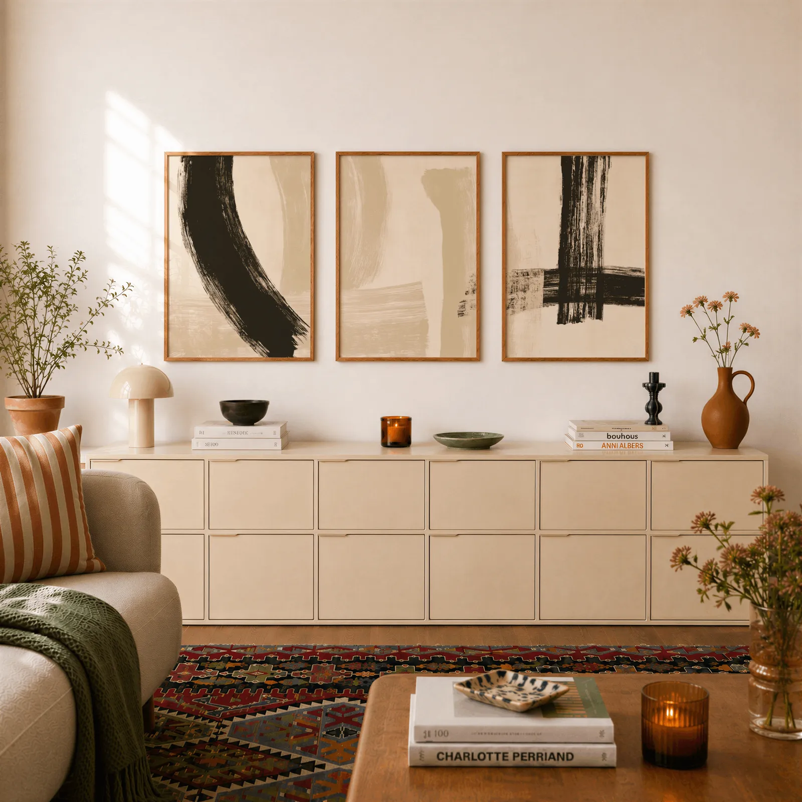 black and beige abstract minimalist triptych wall art, above a long cream sideboard topped with books and a terracotta jug