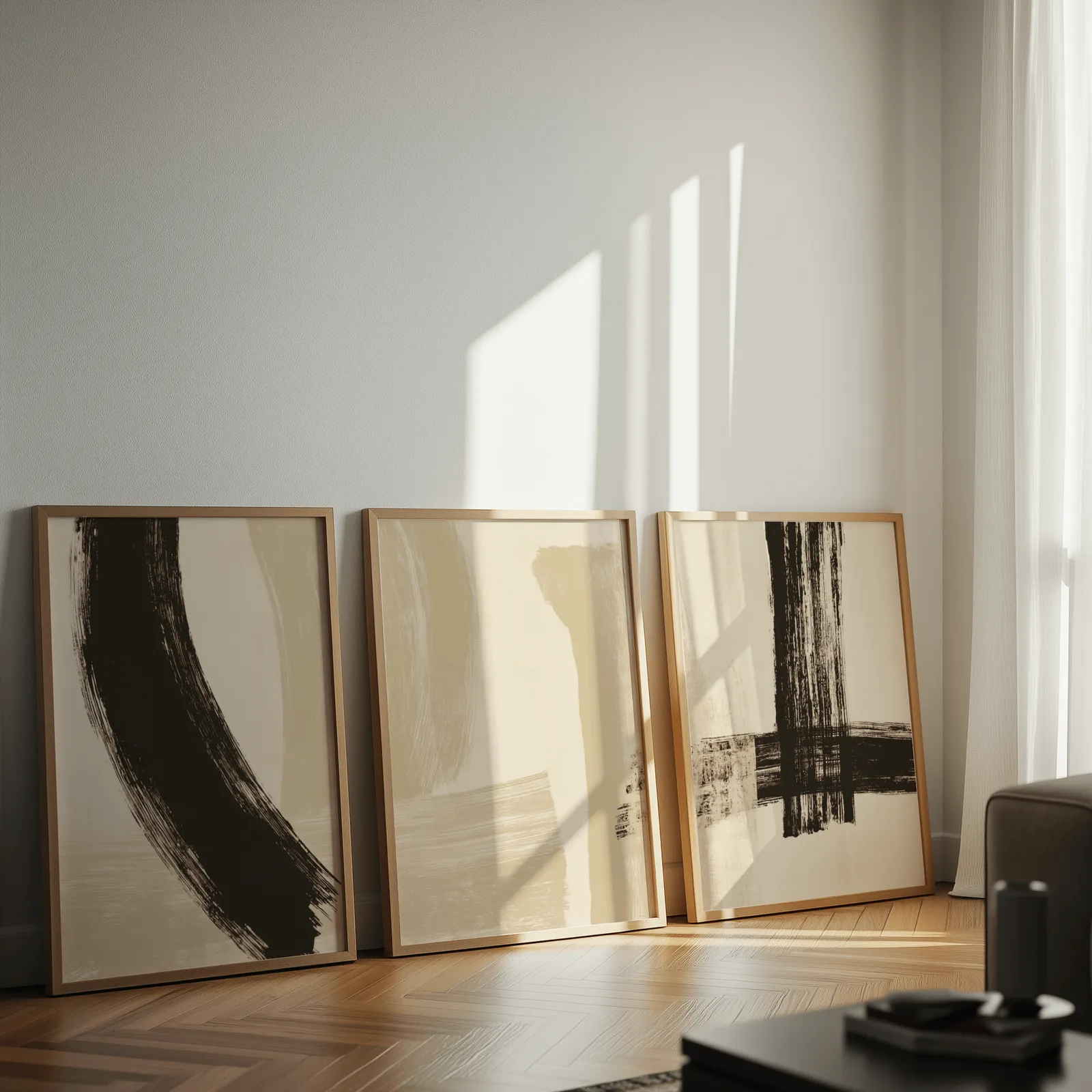 black and beige abstract minimalist triptych wall art, leaning against a sunlit wall on herringbone flooring