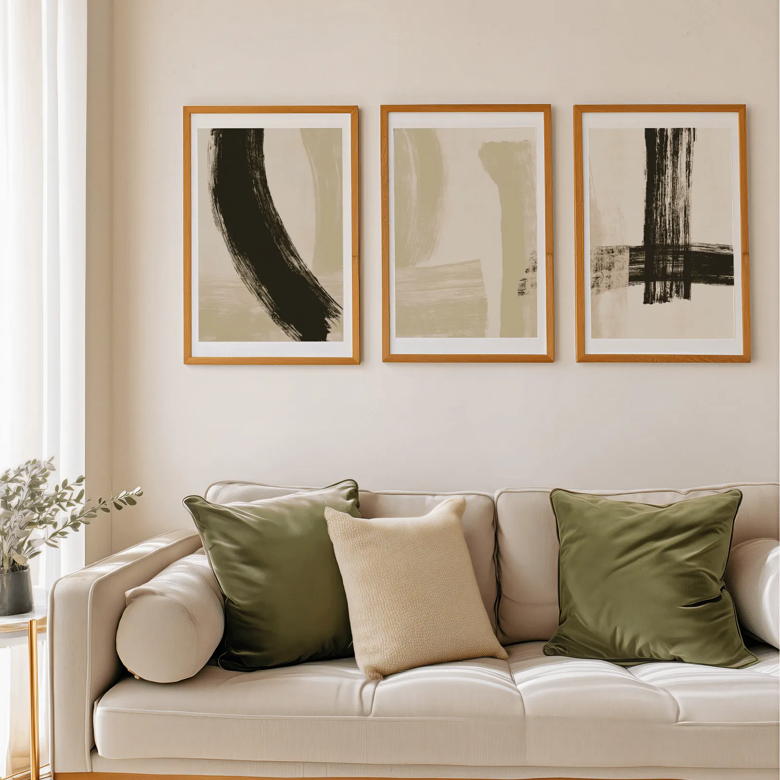 black and beige abstract minimalist triptych wall art, above a beige sofa piled with olive green cushions