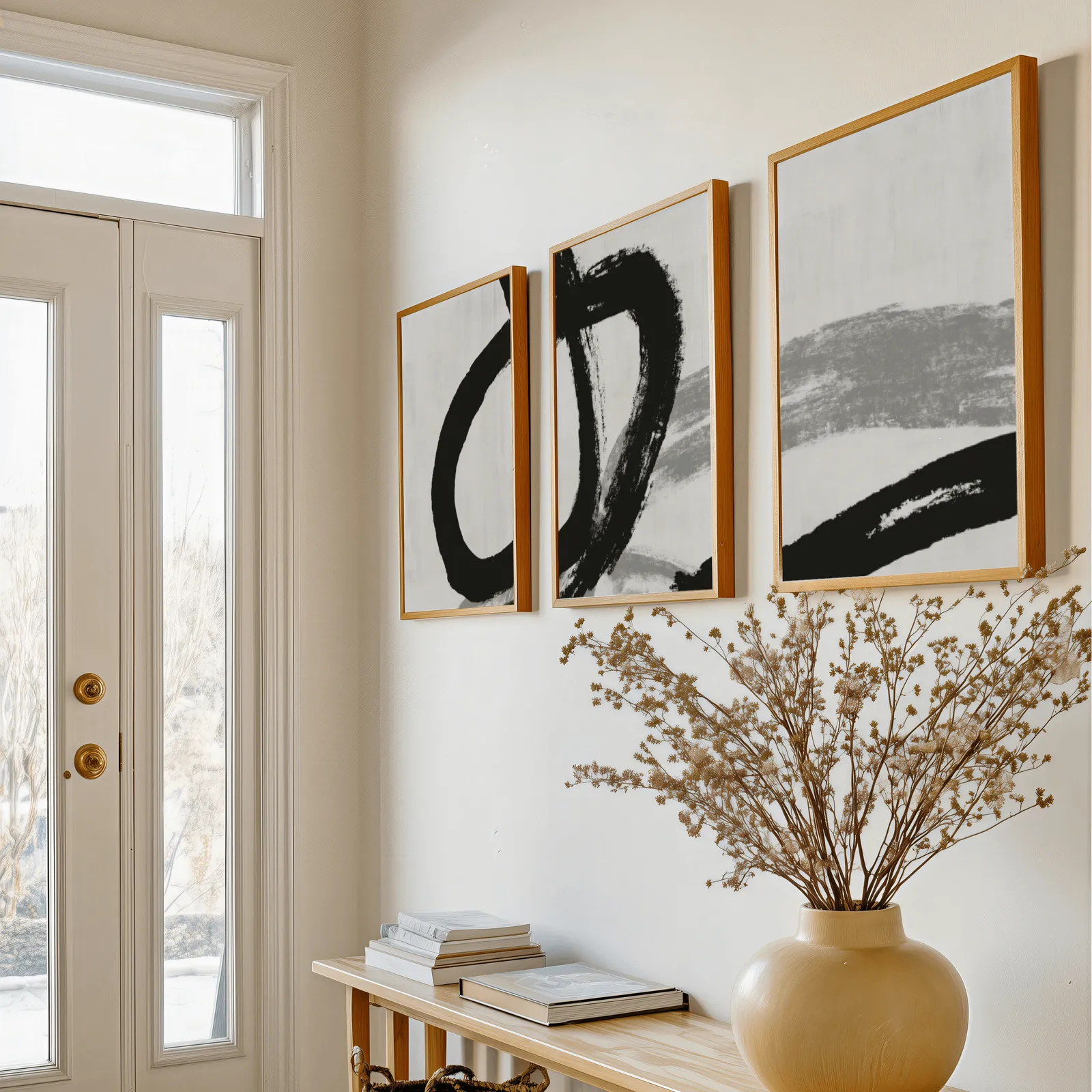 black and white minimalist brushstroke triptych wall art, above a console table with a yellow vase of dried branches