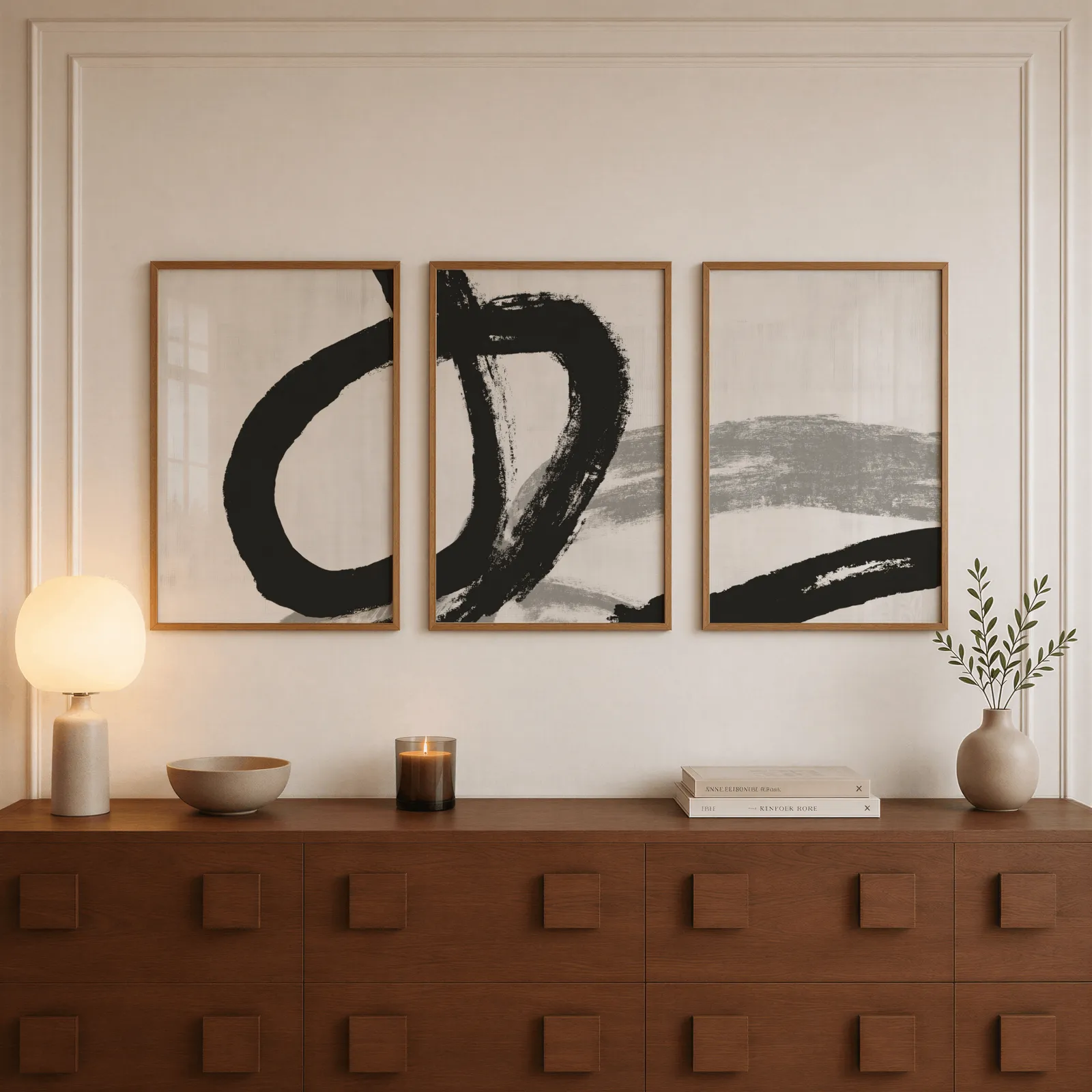 black and white minimalist brushstroke triptych wall art, above a walnut sideboard with a lit candle and glowing lamp