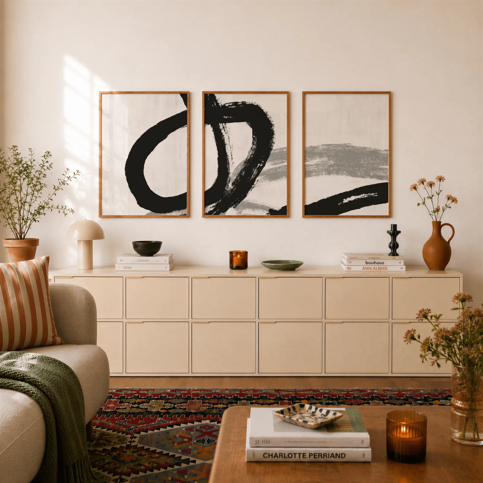 black and white minimalist brushstroke triptych wall art, above a long cream sideboard topped with books and a terracotta jug