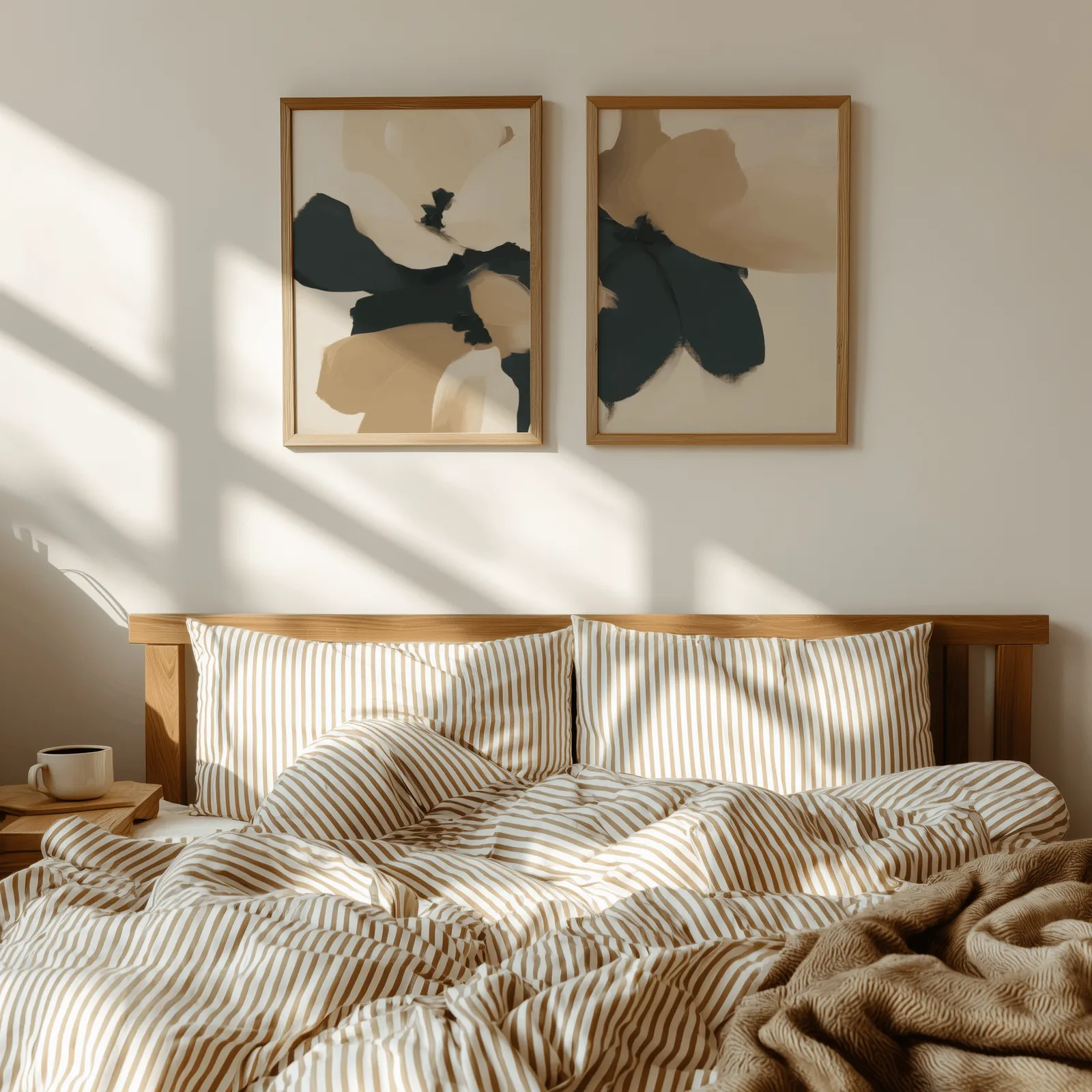 beige and black abstract floral wall art set of 2, above a wooden headboard with striped bedding and raking sunlight
