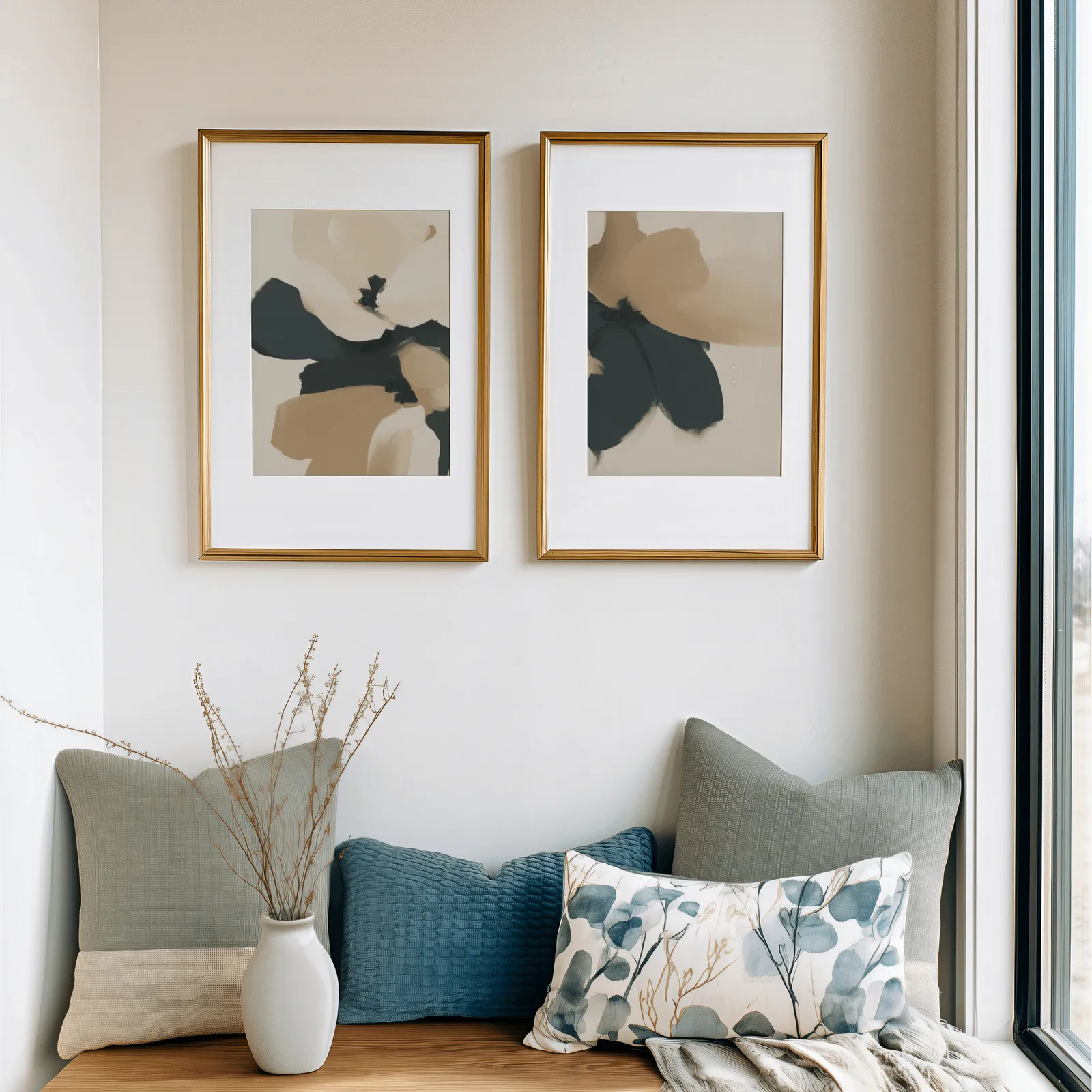 beige and black abstract floral wall art set of 2, above a cushioned window seat with sage and blue pillows