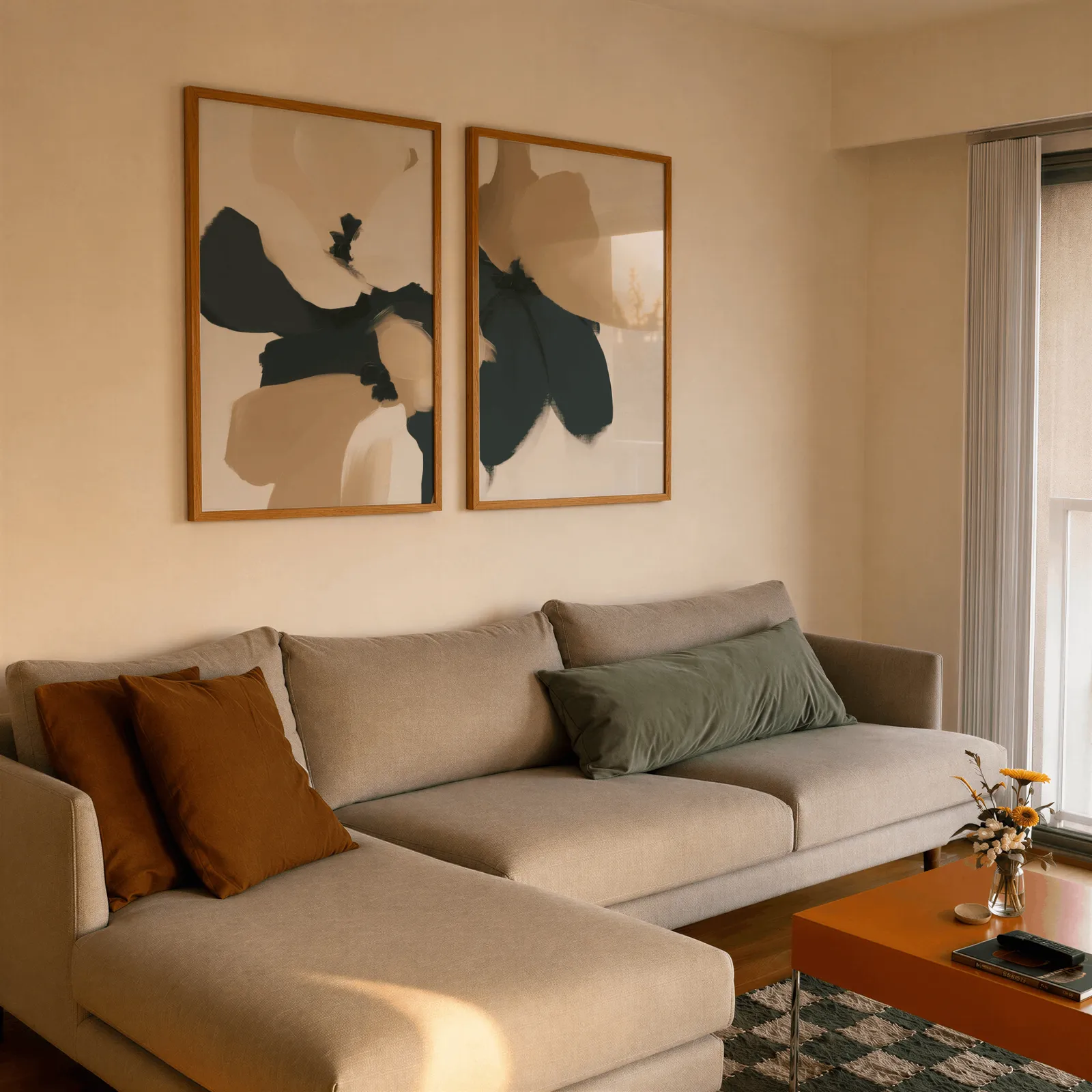 beige and black abstract floral wall art set of 2, side by side above a beige sectional sofa