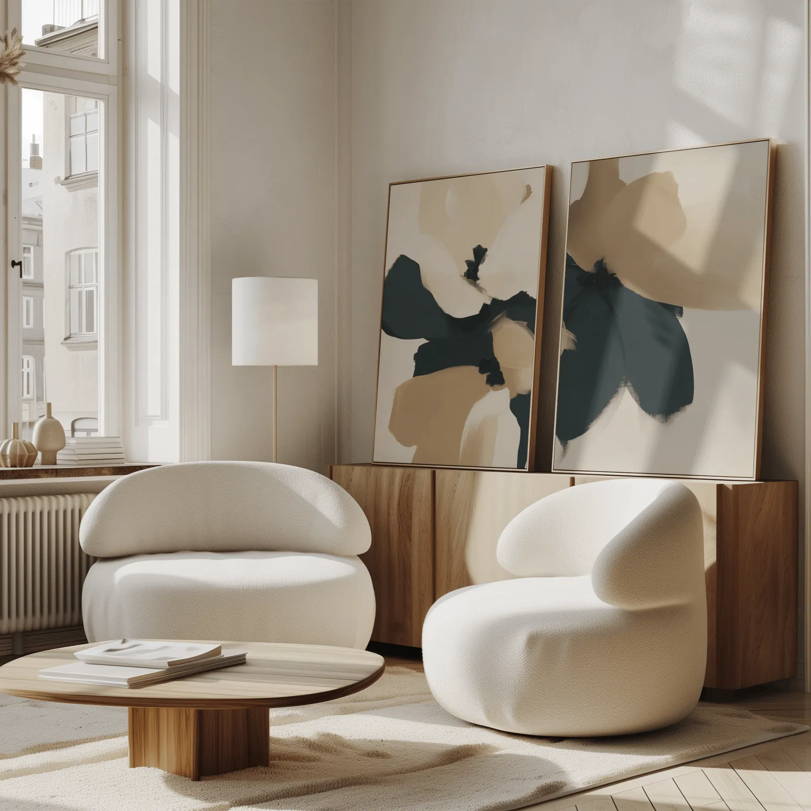 beige and black abstract floral wall art set of 2, propped against a wooden sideboard beside boucle armchairs