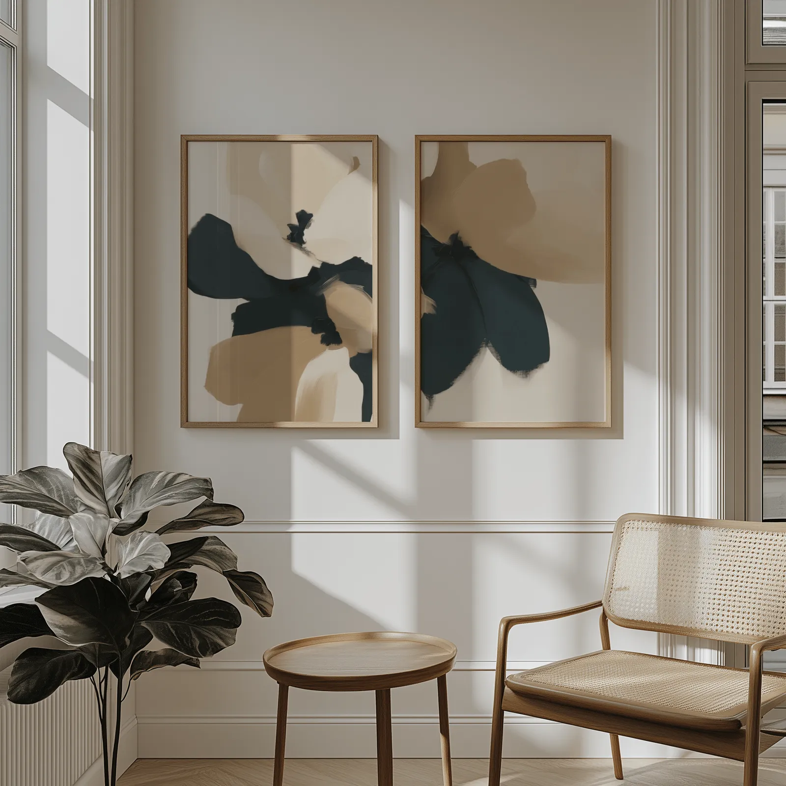 beige and black abstract floral wall art set of 2, above wainscoting beside a cane armchair and fiddle-leaf fig