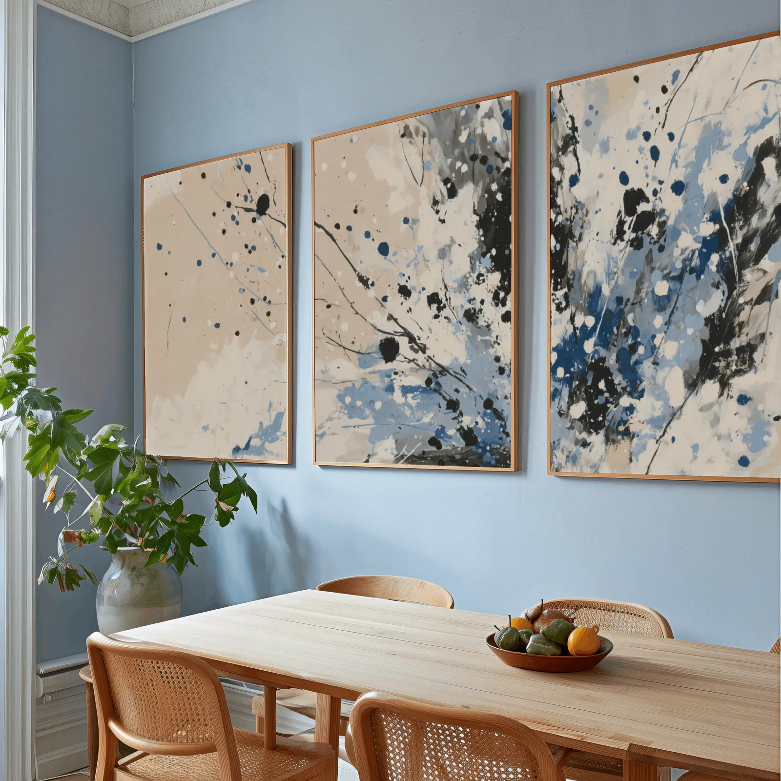blue and beige abstract splatter triptych wall art, above a wooden dining table with cane chairs and a fruit bowl