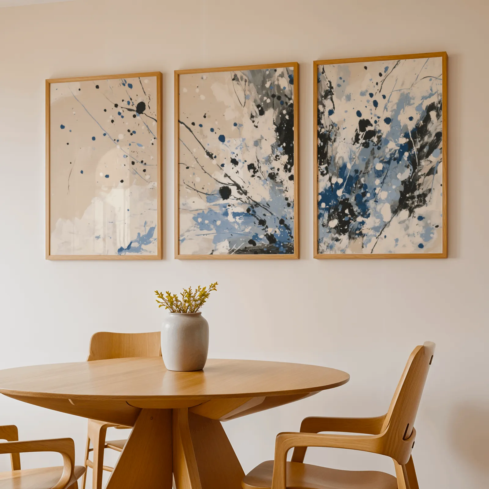blue and beige abstract splatter triptych wall art, above a round wooden table with a stoneware vase