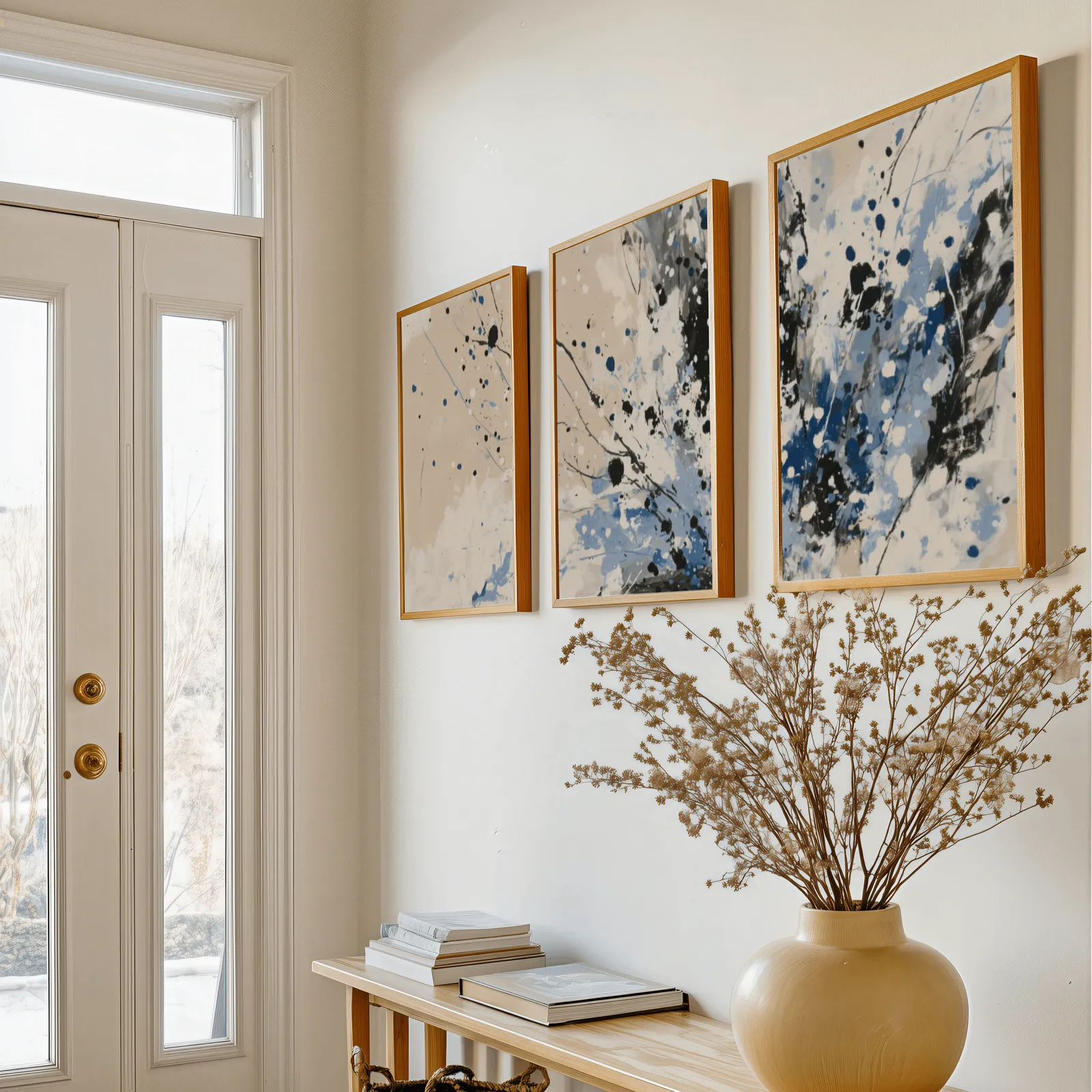 blue and beige abstract splatter triptych wall art, above a console table with a yellow vase of dried branches