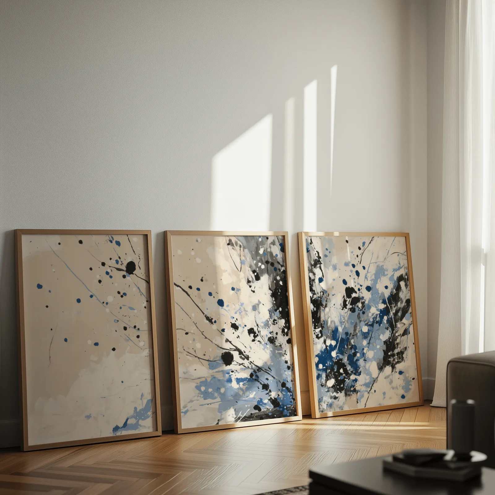 blue and beige abstract splatter triptych wall art, leaning against a sunlit wall on herringbone flooring
