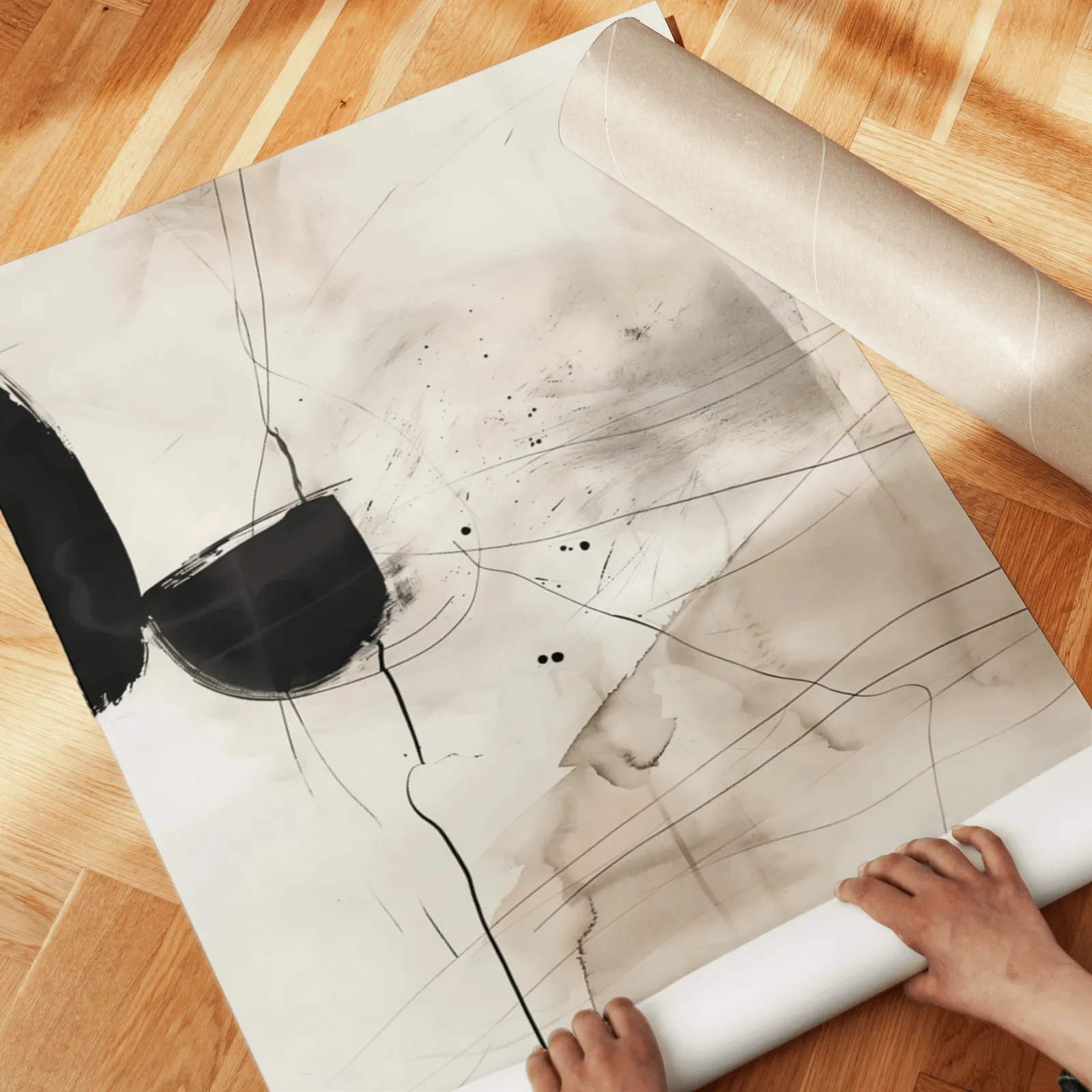black and beige abstract ink wall art set of 2, unrolled across a herringbone parquet floor by hand