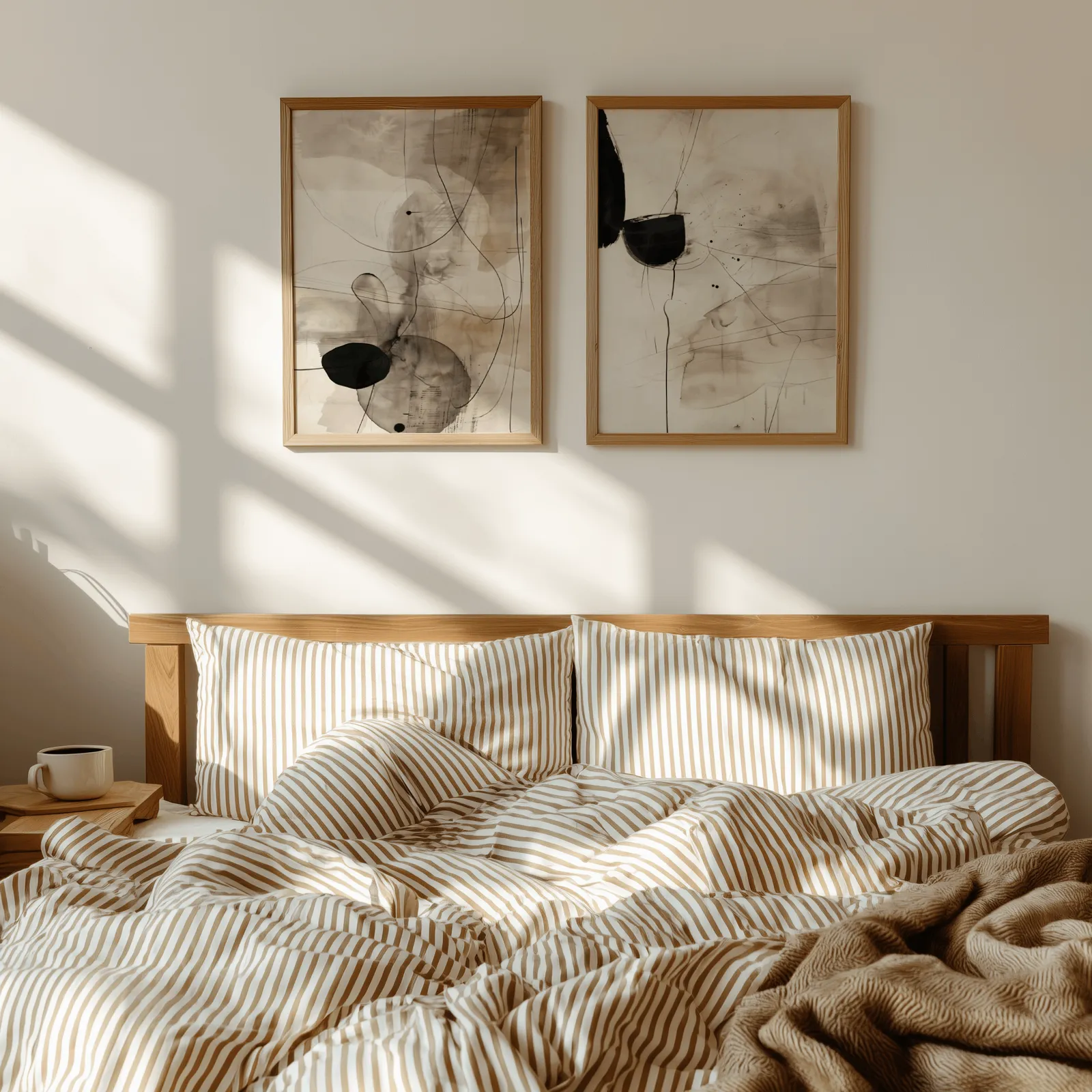black and beige abstract ink wall art set of 2, above a wooden headboard with striped bedding and raking sunlight