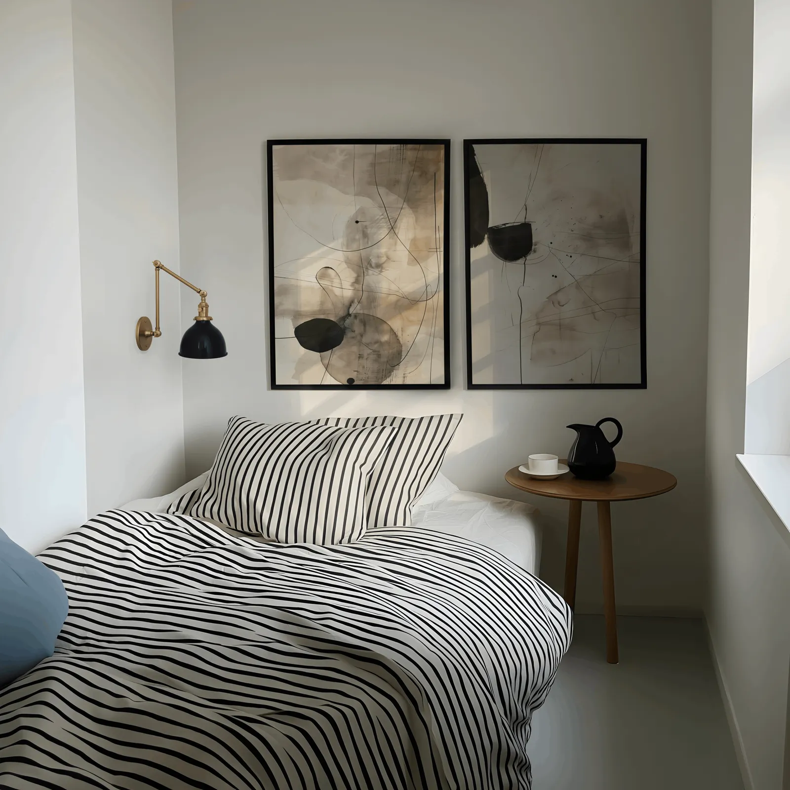black and beige abstract ink wall art set of 2, above a striped bed beside a brass swing-arm lamp