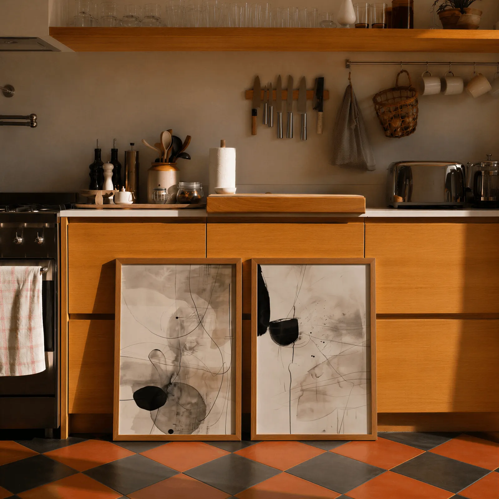 black and beige abstract ink wall art set of 2, leaning against wooden cabinets on terracotta tiled floor