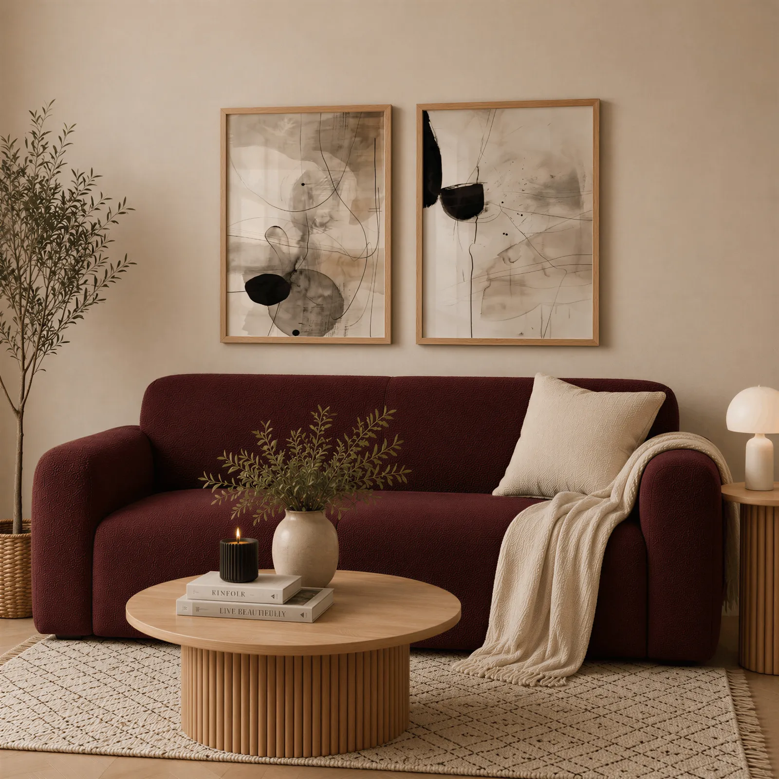 black and beige abstract ink wall art set of 2, above a deep burgundy boucle sofa with cream throw