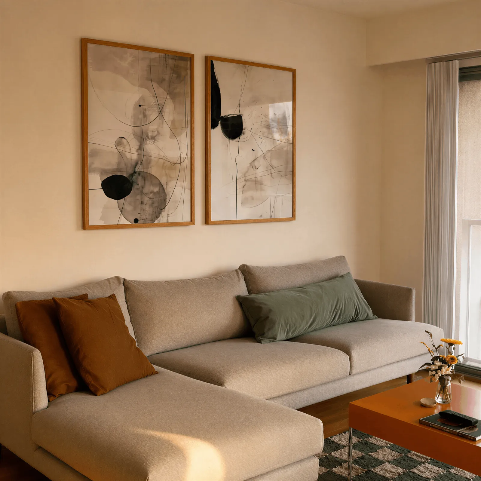 black and beige abstract ink wall art set of 2, side by side above a beige sectional sofa