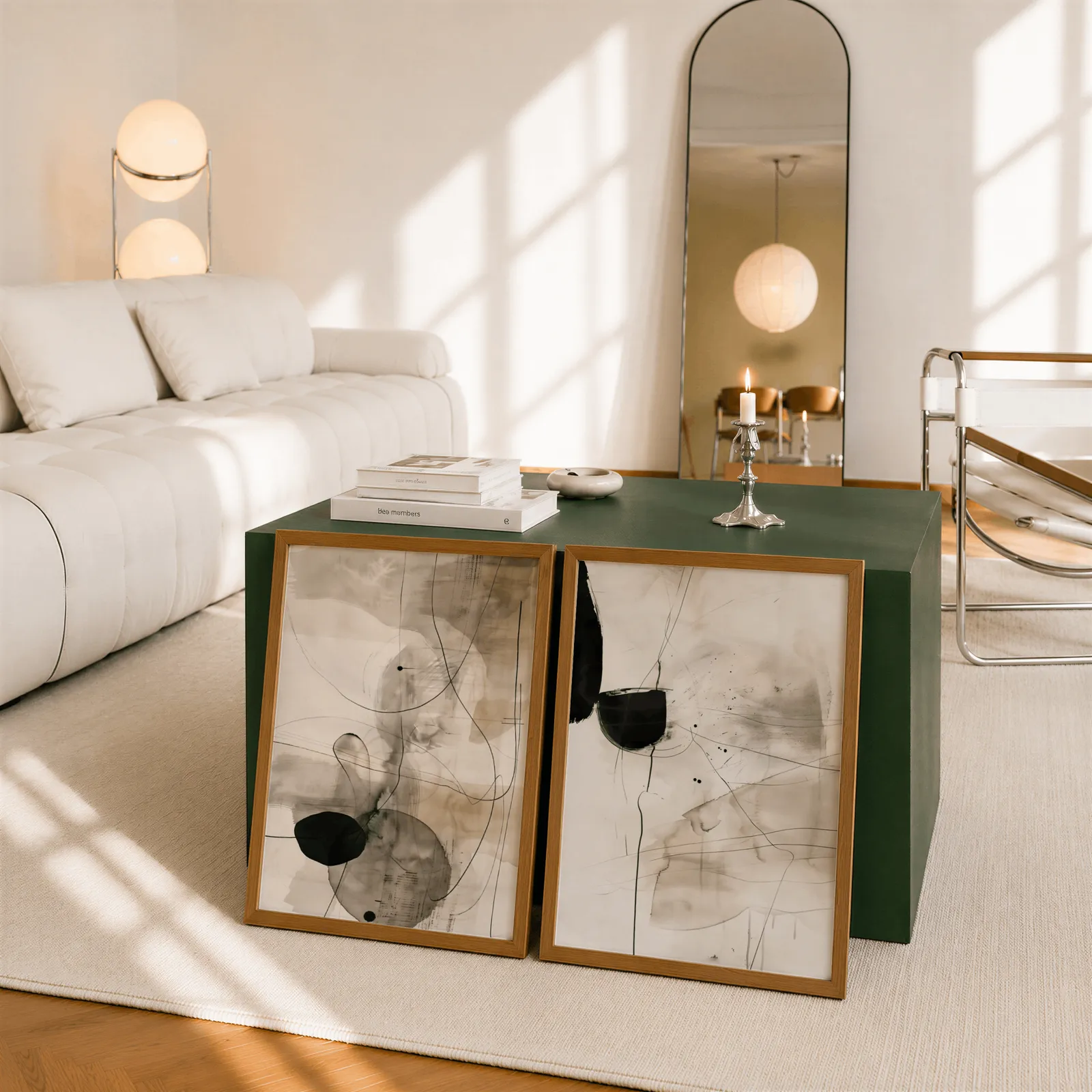 black and beige abstract ink wall art set of 2, leaning against a dark green cube table beside an arched mirror
