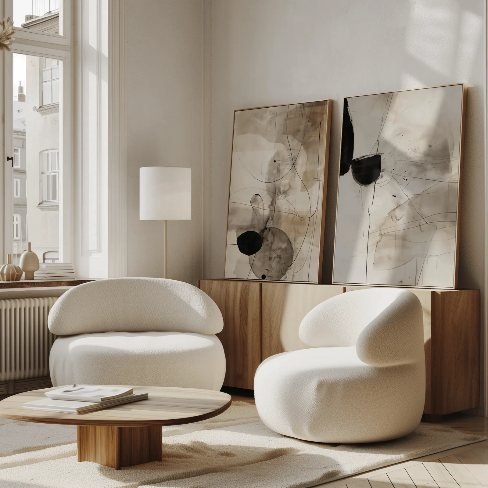 black and beige abstract ink wall art set of 2, propped against a wooden sideboard beside boucle armchairs