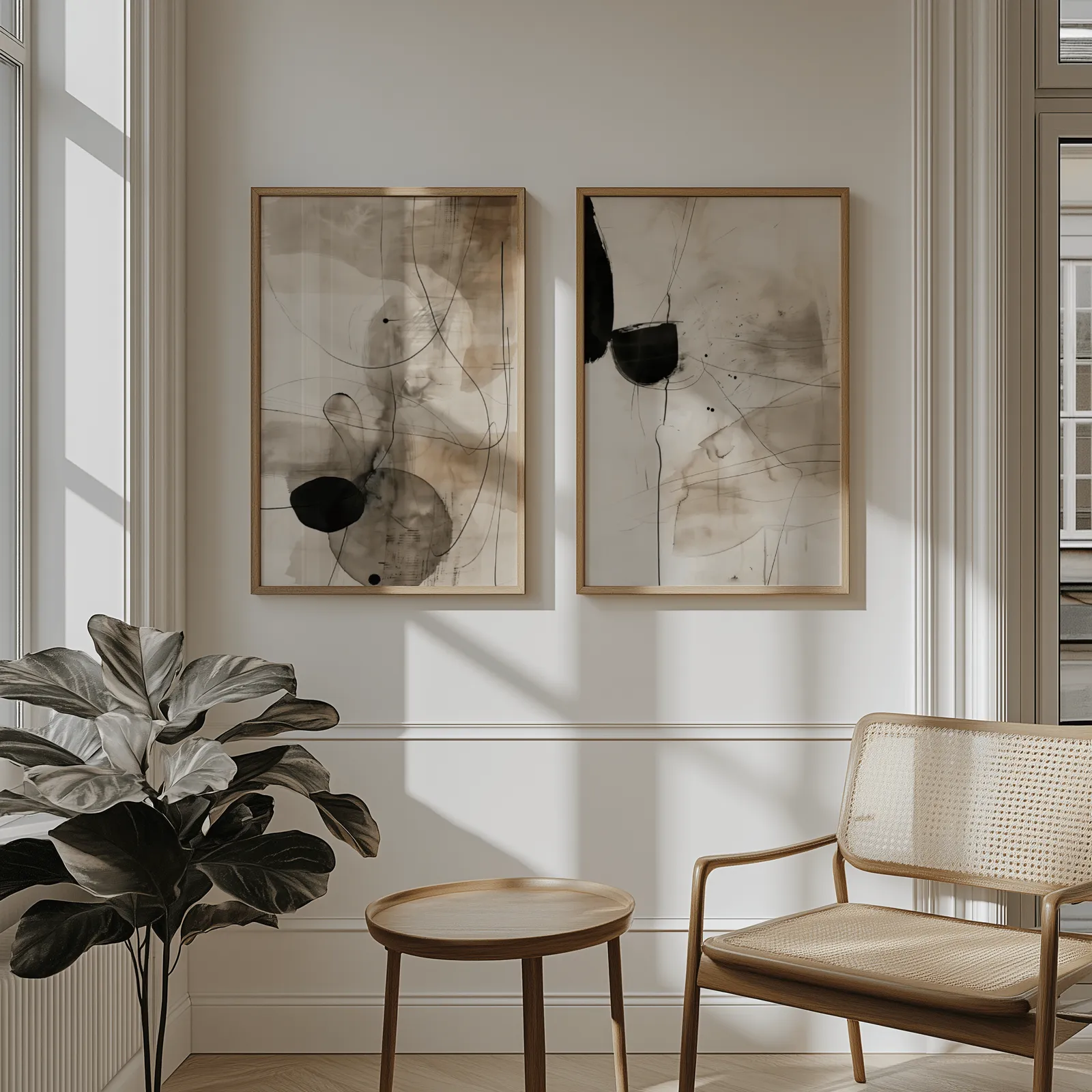 black and beige abstract ink wall art set of 2, above wainscoting beside a cane armchair and fiddle-leaf fig