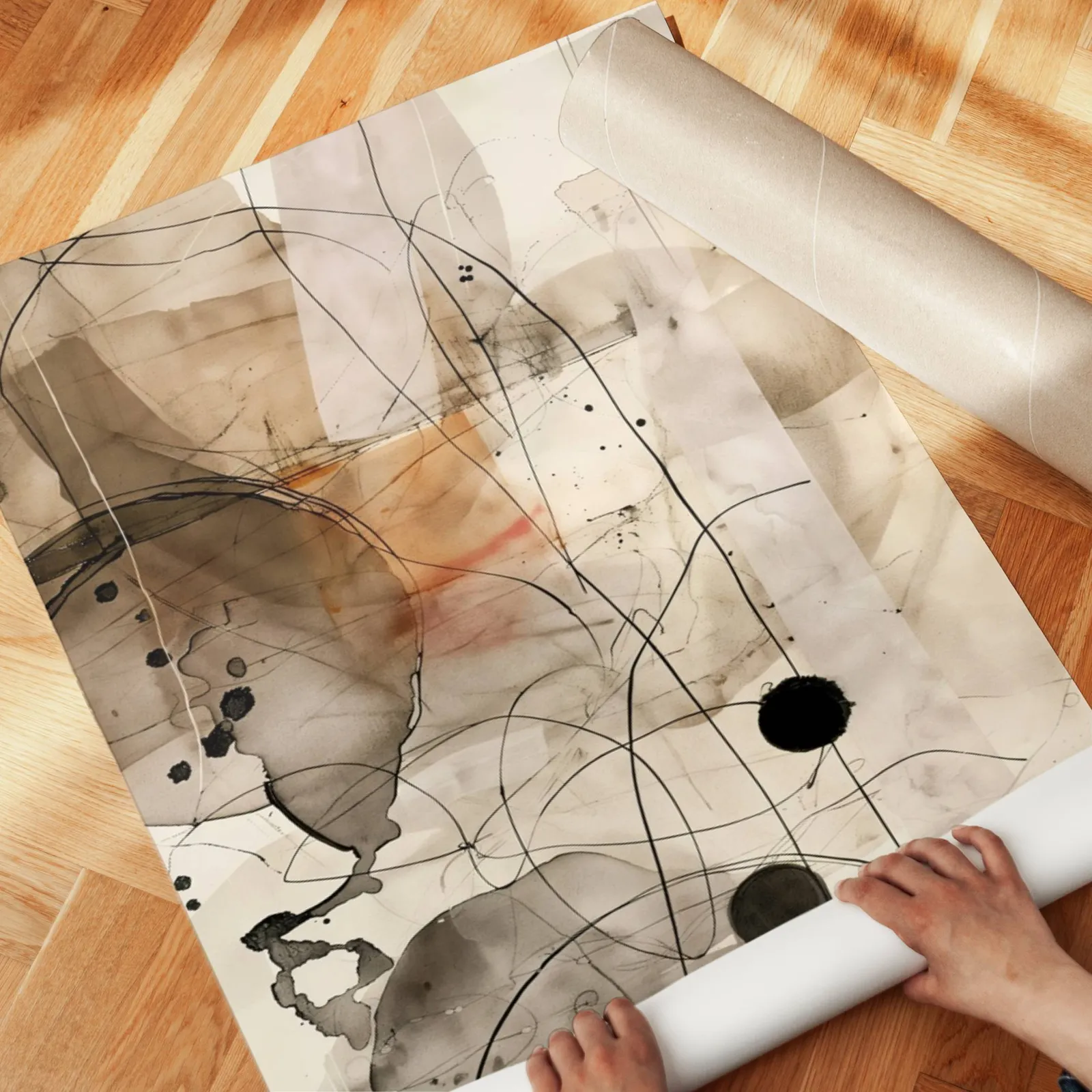 abstract ink wall art in beige and black, unrolled across a herringbone parquet floor by hand