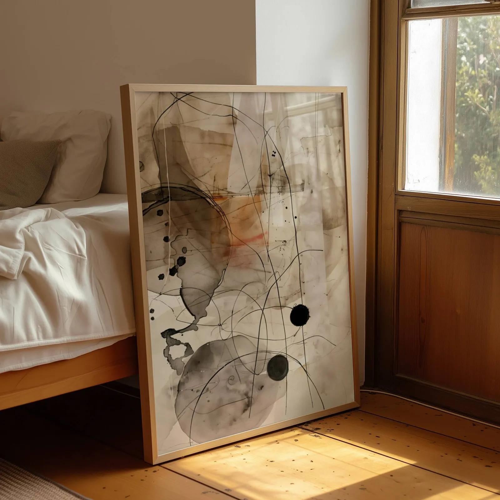 abstract ink wall art in beige and black, leaning by a sunlit window beside an unmade bed