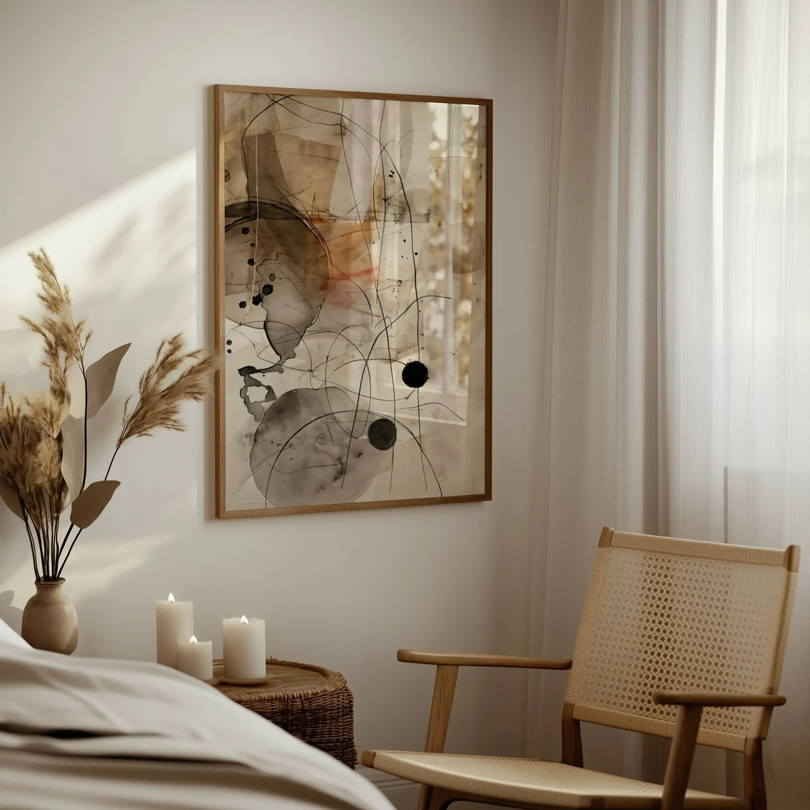 abstract ink wall art in beige and black, above a woven side table with lit candles and pampas grass