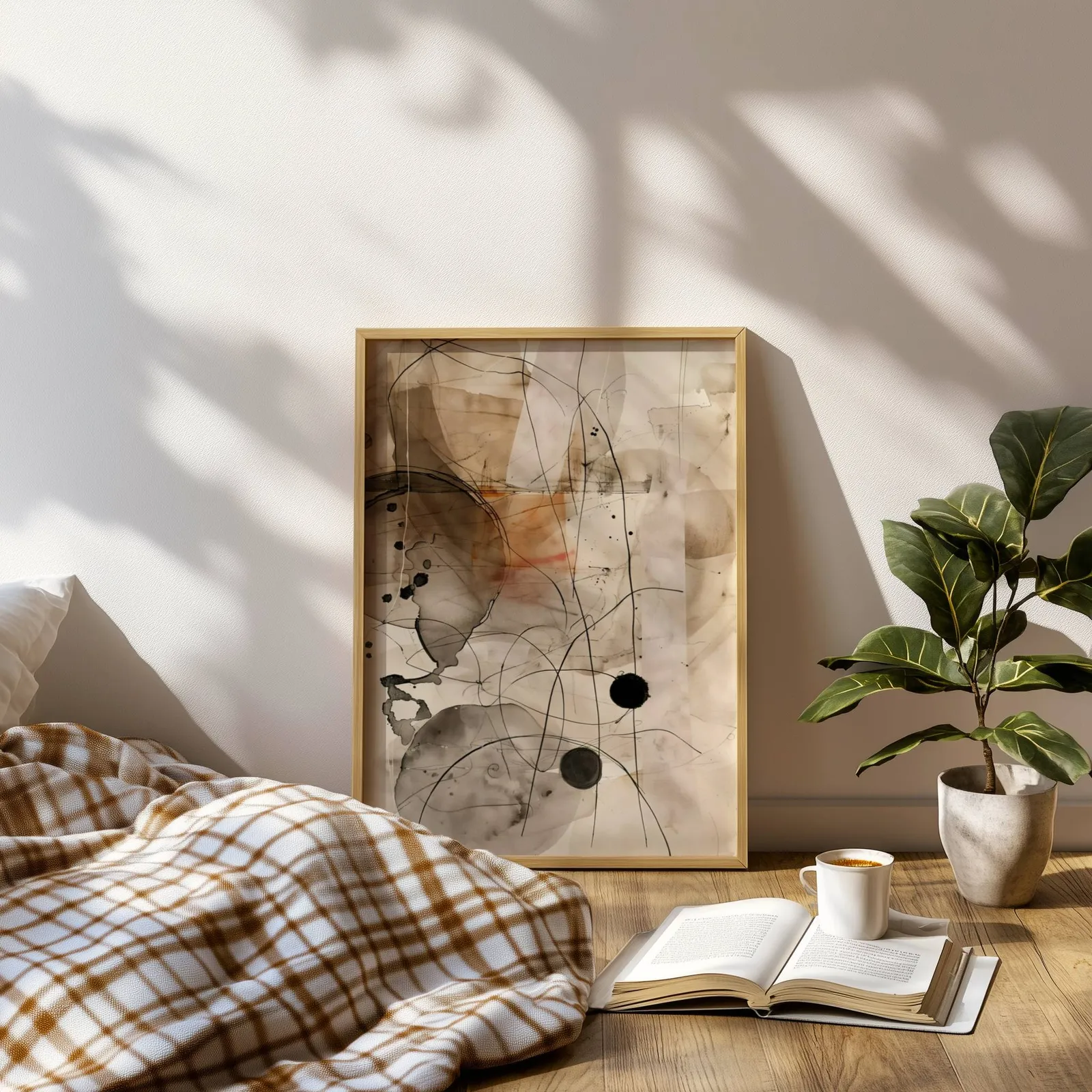 abstract ink wall art in beige and black, leaning on a sunlit floor beside a plaid blanket and open book