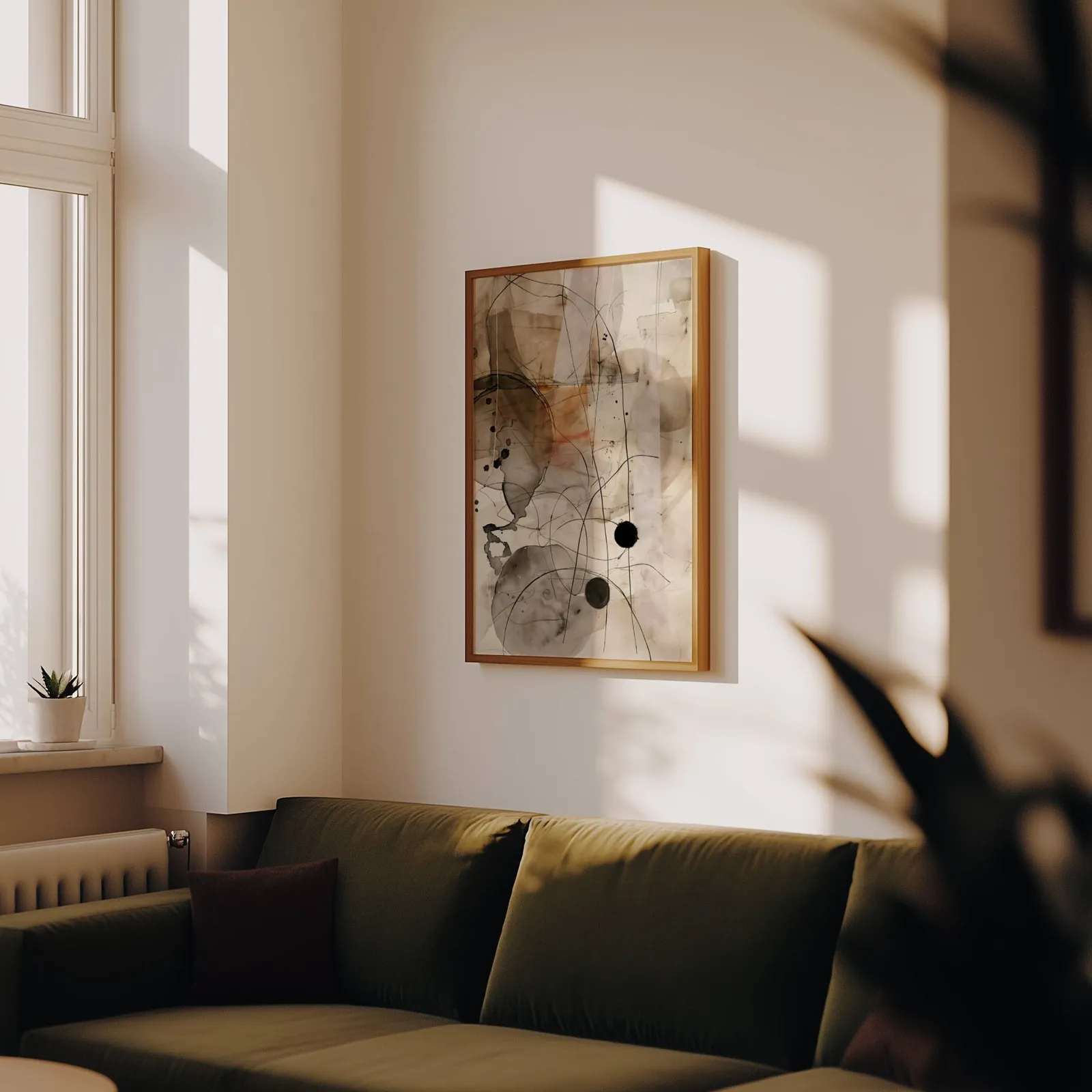 abstract ink wall art in beige and black, above an olive velvet sofa in raking afternoon light