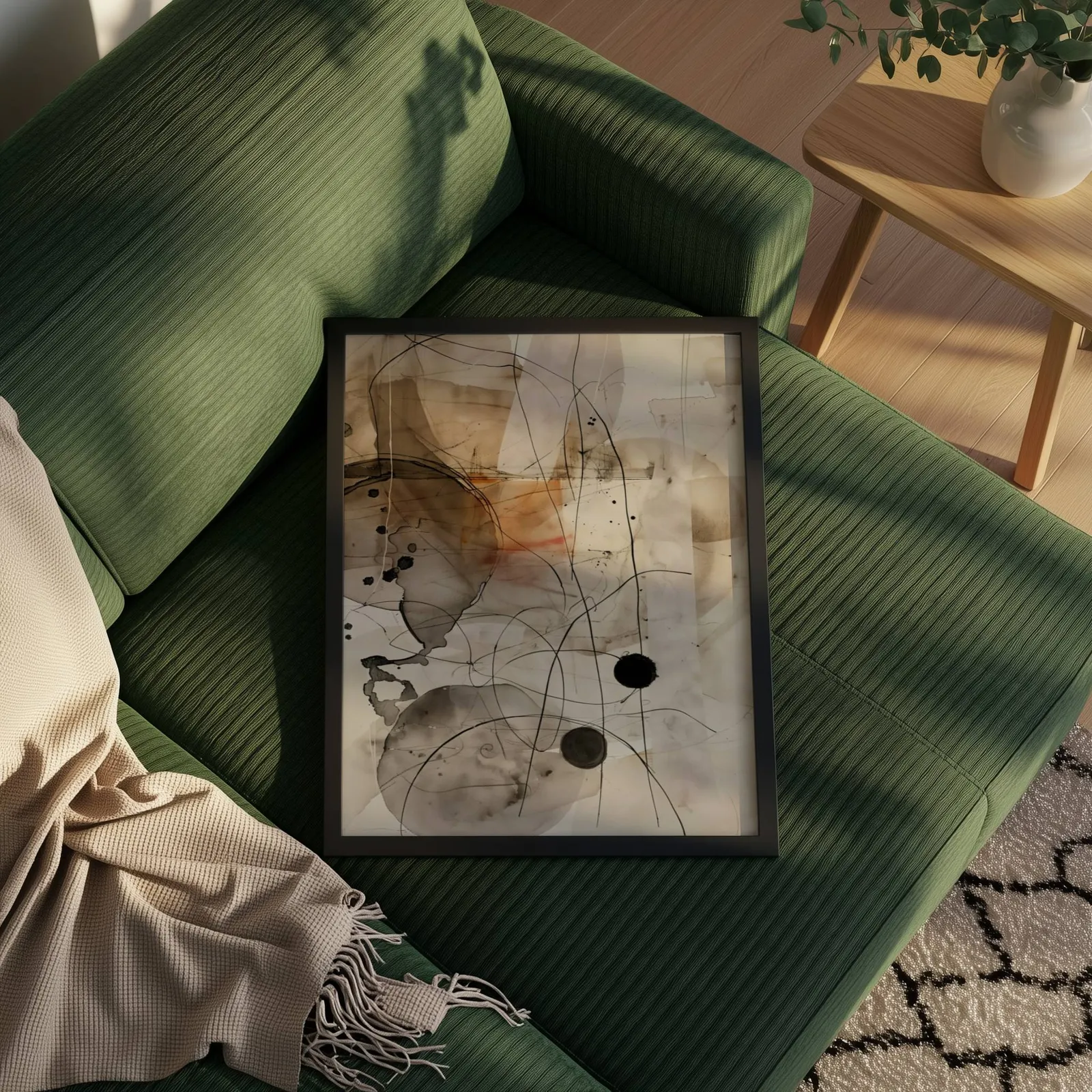 abstract ink wall art in beige and black, propped on a ribbed olive-green sofa beside a fringed throw