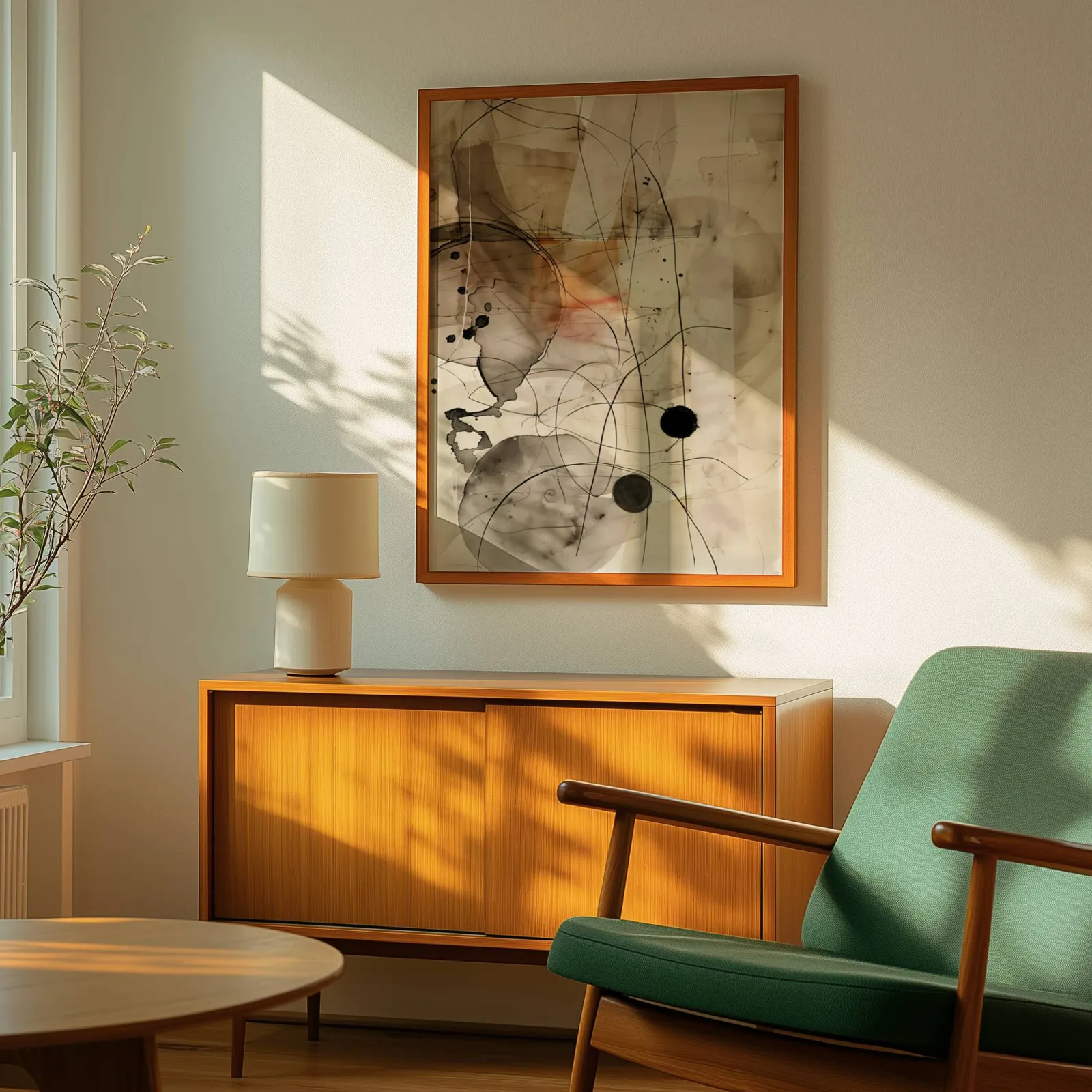 abstract ink wall art in beige and black, above a wooden sideboard with a ceramic lamp and dappled sunlight