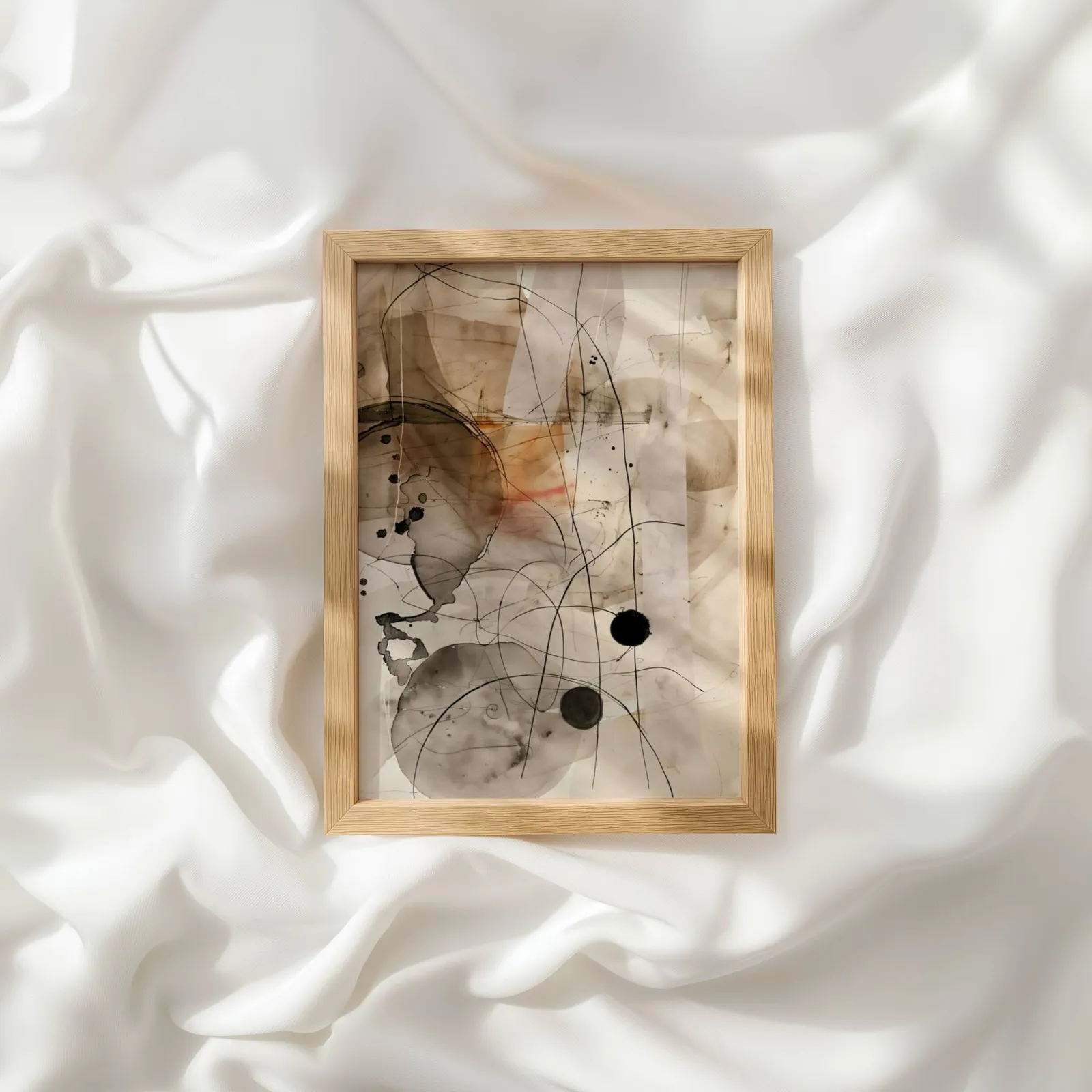 abstract ink wall art in beige and black, resting atop rumpled white silky fabric