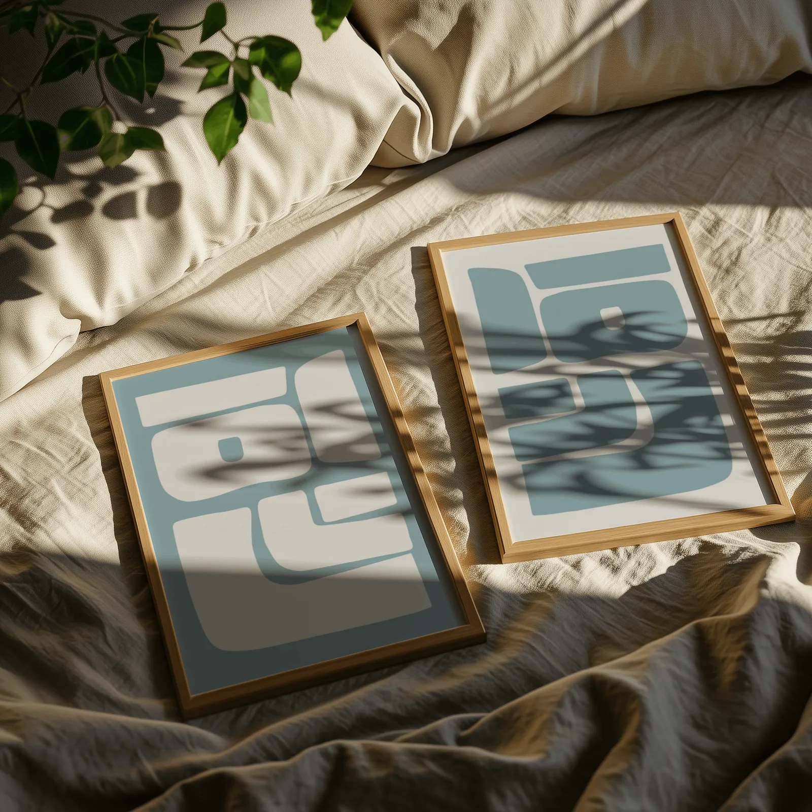 blue abstract minimalist wall art set of 2, resting on rumpled linen sheets with dappled leaf shadows